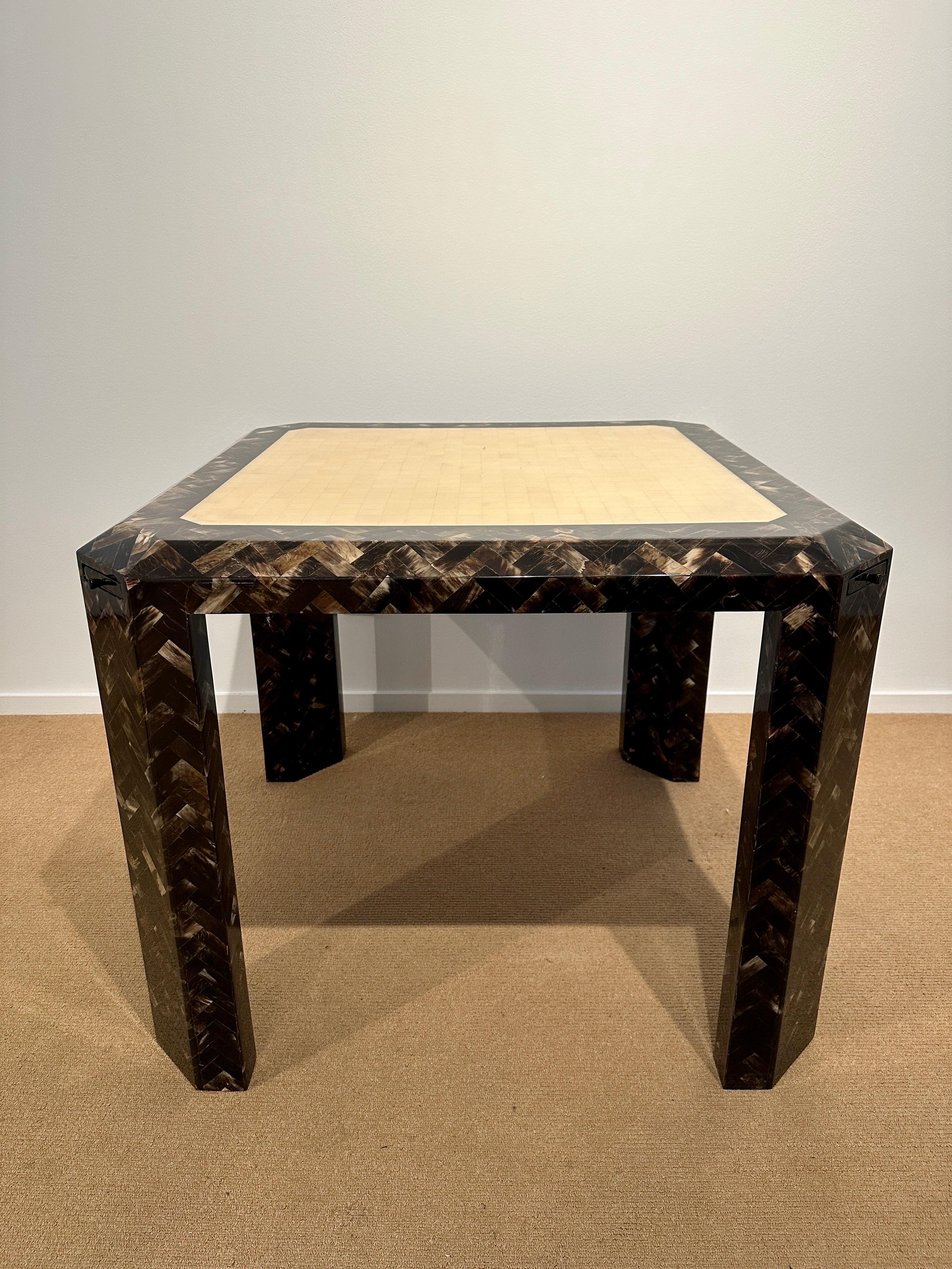 Exceptional Vintage Tessellated Horn & Bone Clad Game Table Signed 1