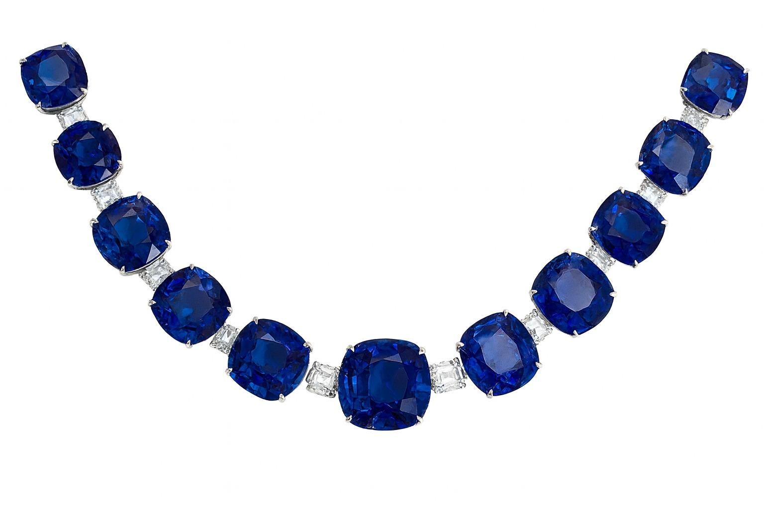 Contemporary Exceptional Vivid Blue Sapphire and Diamond Necklace For Sale
