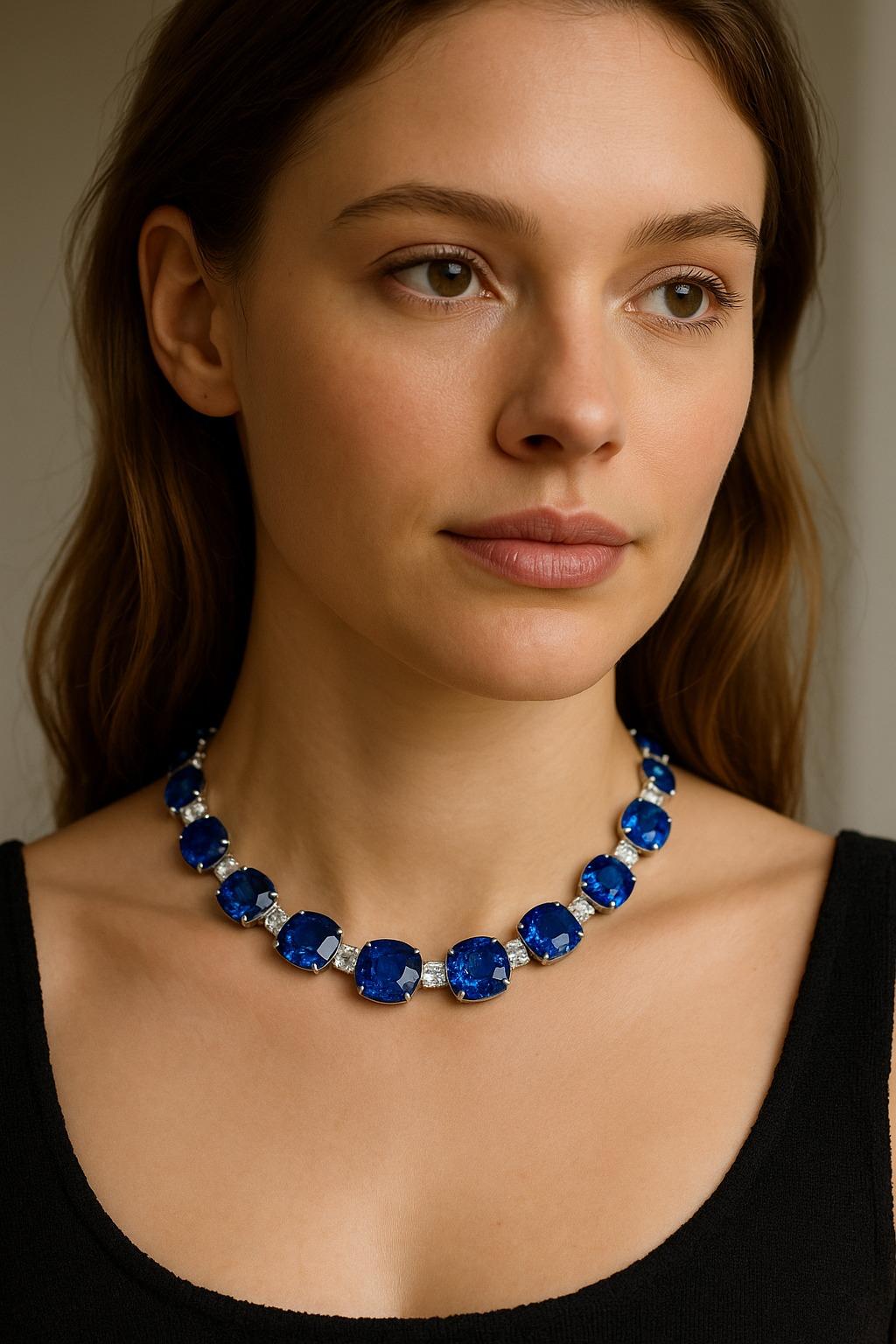 Cushion Cut Exceptional Vivid Blue Sapphire and Diamond Necklace For Sale