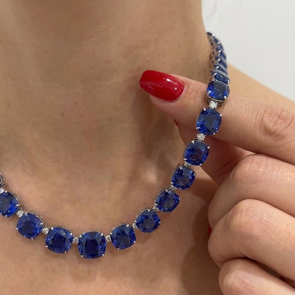 Collier exceptionnel en saphir bleu vif et diamants Neuf - En vente à Chicago, IL
