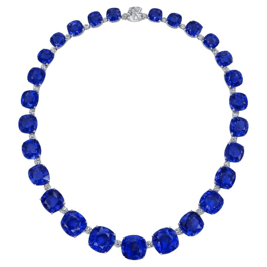 Exceptional Vivid Blue Sapphire and Diamond Necklace For Sale