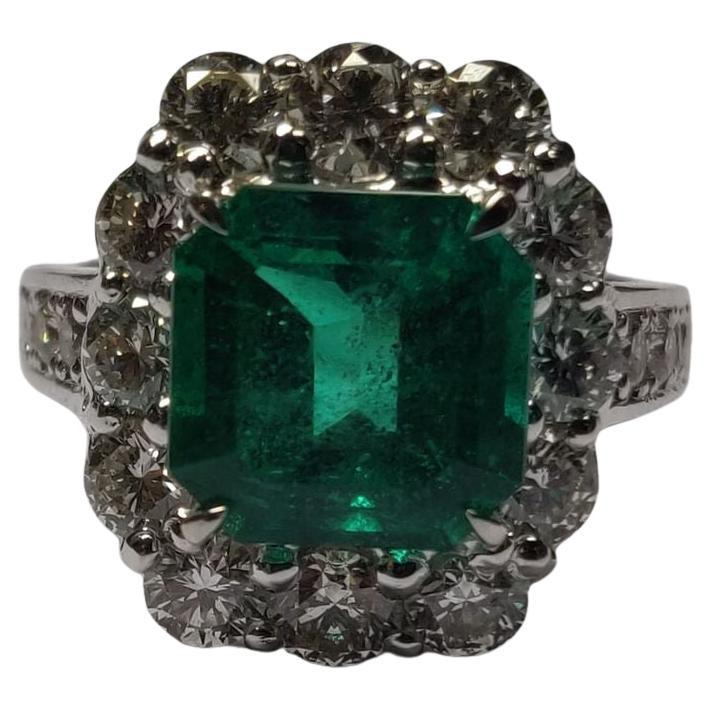 Behold the allure of this Colombian Emerald Ring, a true embodiment of elegance and sophistication. This exquisite piece is graced by a remarkable 3.31-carat fine Colombian Emerald, radiating an intense to vivid green hue that captures the essence