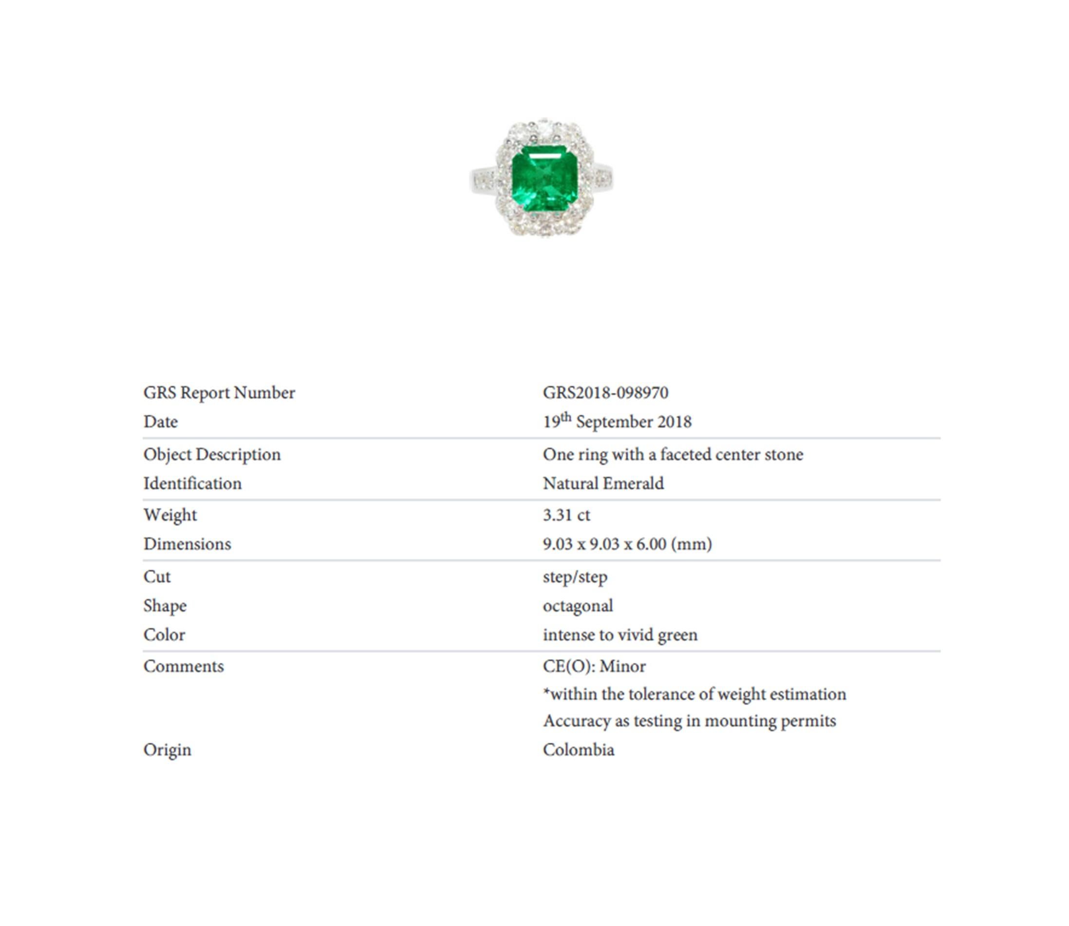 Modern EXCEPTIONAL VIVID GREEN 3.31 Carat Colombian Emerald Diamond Ring For Sale