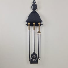 Exceptional Wall-Mounted Victorian Fireplace Tool Set in Iron and Brass, Ca 1880