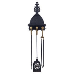 Exceptional Wall-Mounted Victorian Fireplace Tool Set in Iron and Brass, Ca 1880