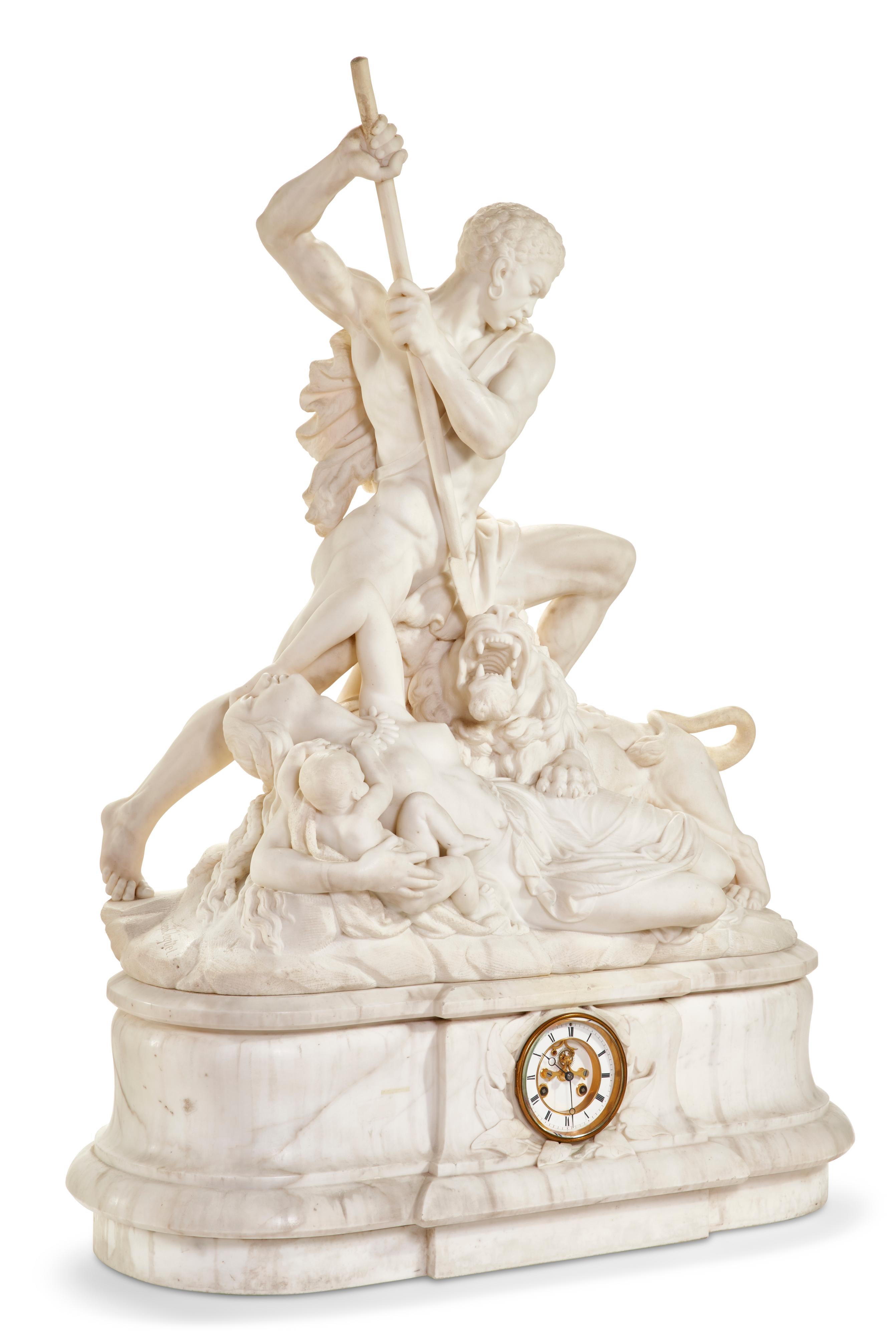 An exceptional and monumental white marble figural sculpture clock, 