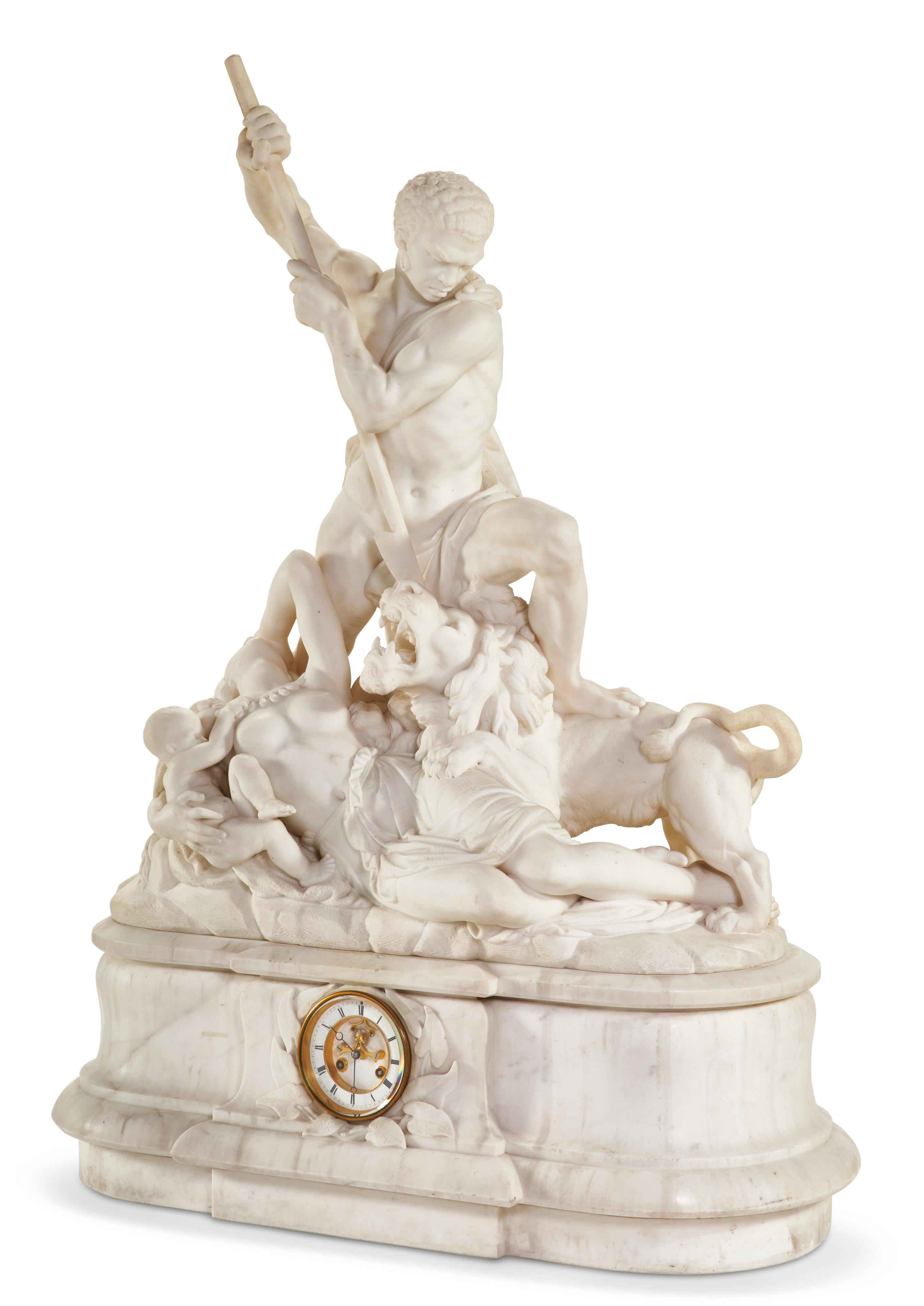 Belgian Exceptional White Marble Figural Sculpture Clock, 