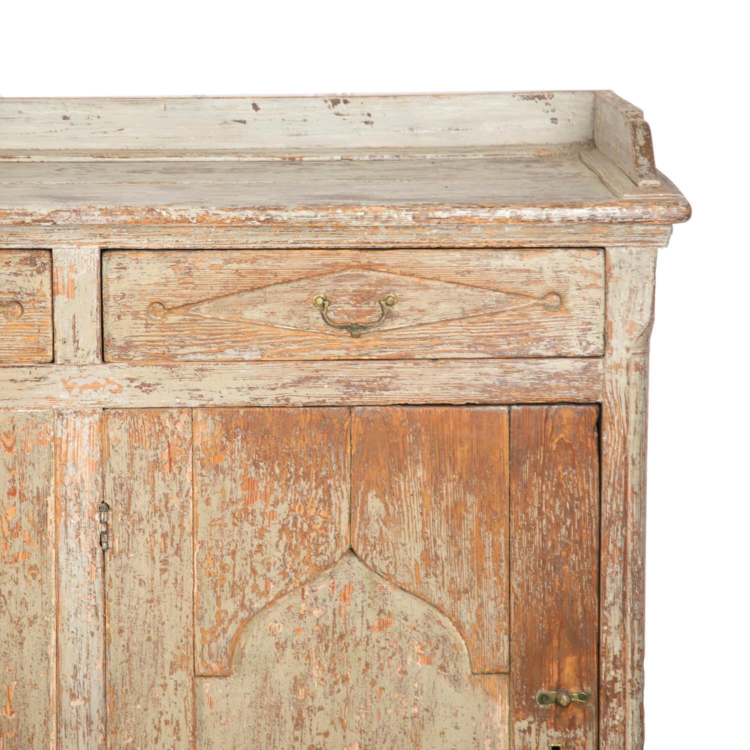 19th Century Exceptional Wide Swedish Buffet with Carved Galley Top in Original Paint