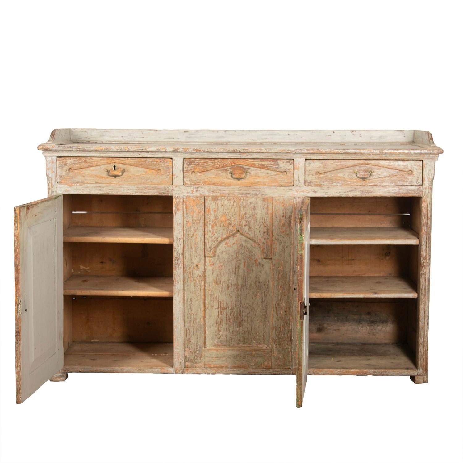 Exceptional Wide Swedish Buffet with Carved Galley Top in Original Paint 1