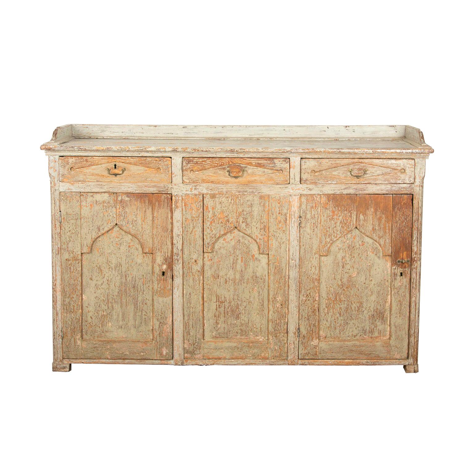 Exceptional Wide Swedish Buffet with Carved Galley Top in Original Paint