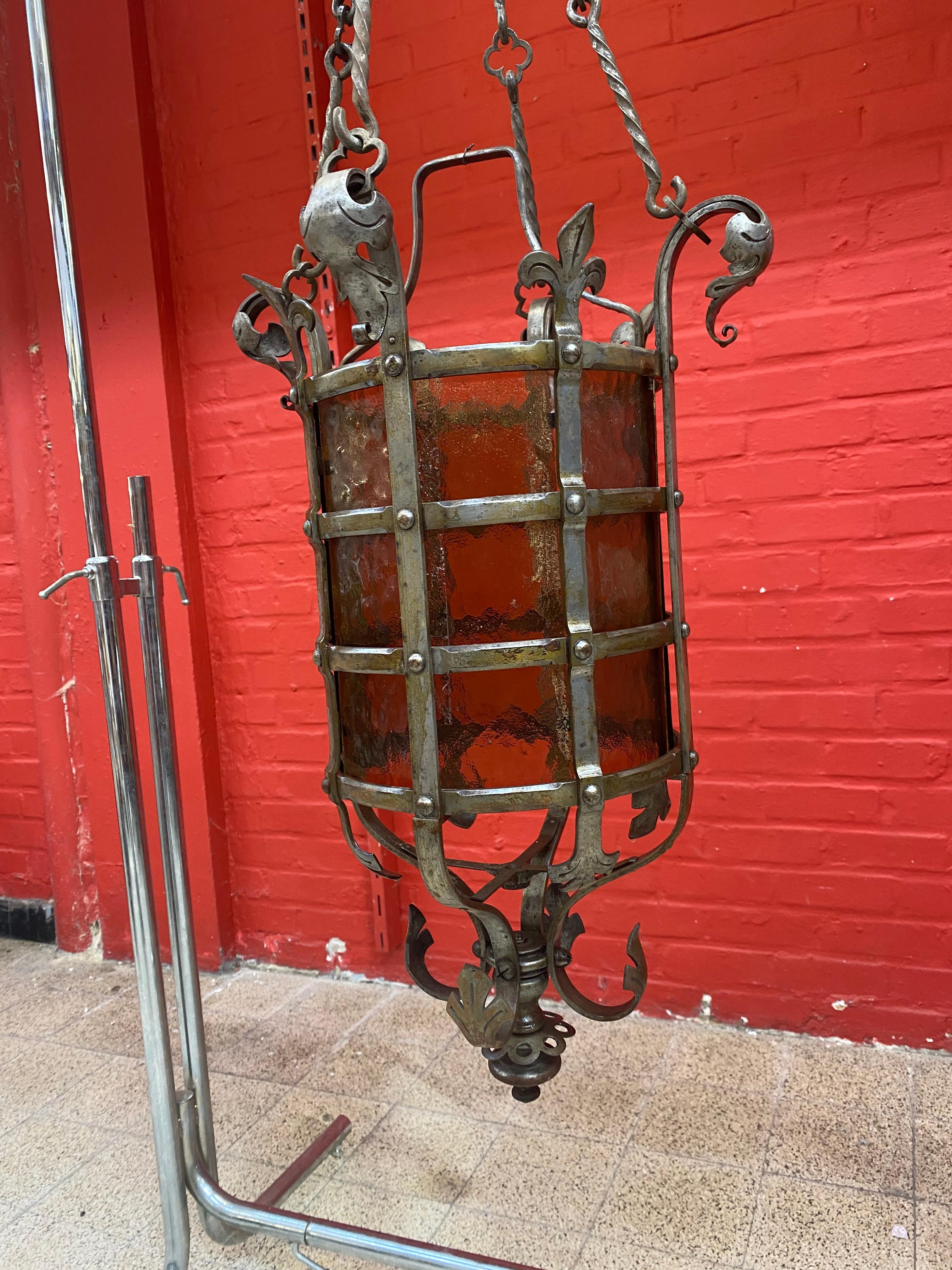 Exceptional Wrought Iron Castle Lantern circa 1930 Very Nice Work of Ironwork For Sale 4