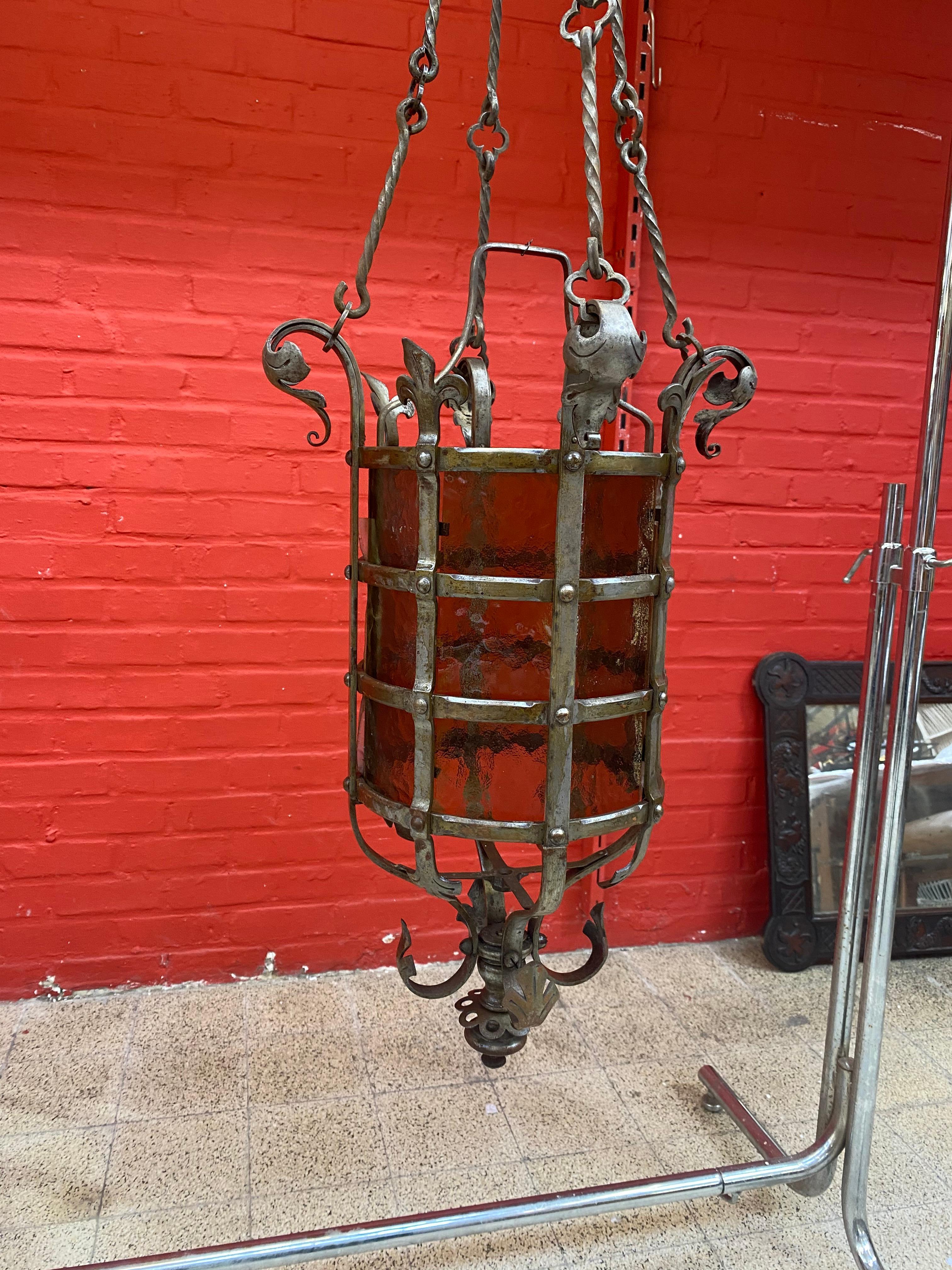 Exceptional Wrought Iron Castle Lantern circa 1930 Very Nice Work of Ironwork For Sale 7