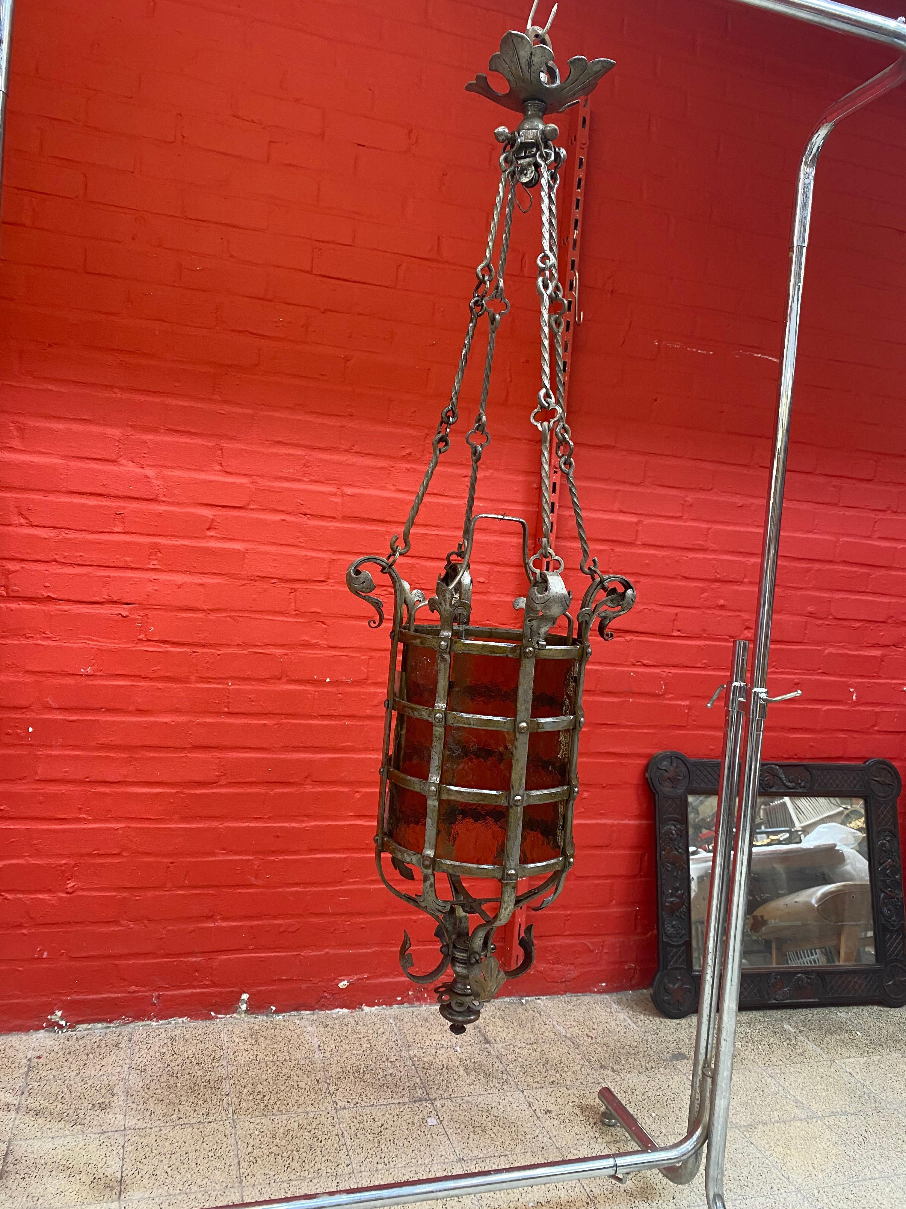 Exceptional Wrought Iron Castle Lantern circa 1930 Very Nice Work of Ironwork For Sale 10