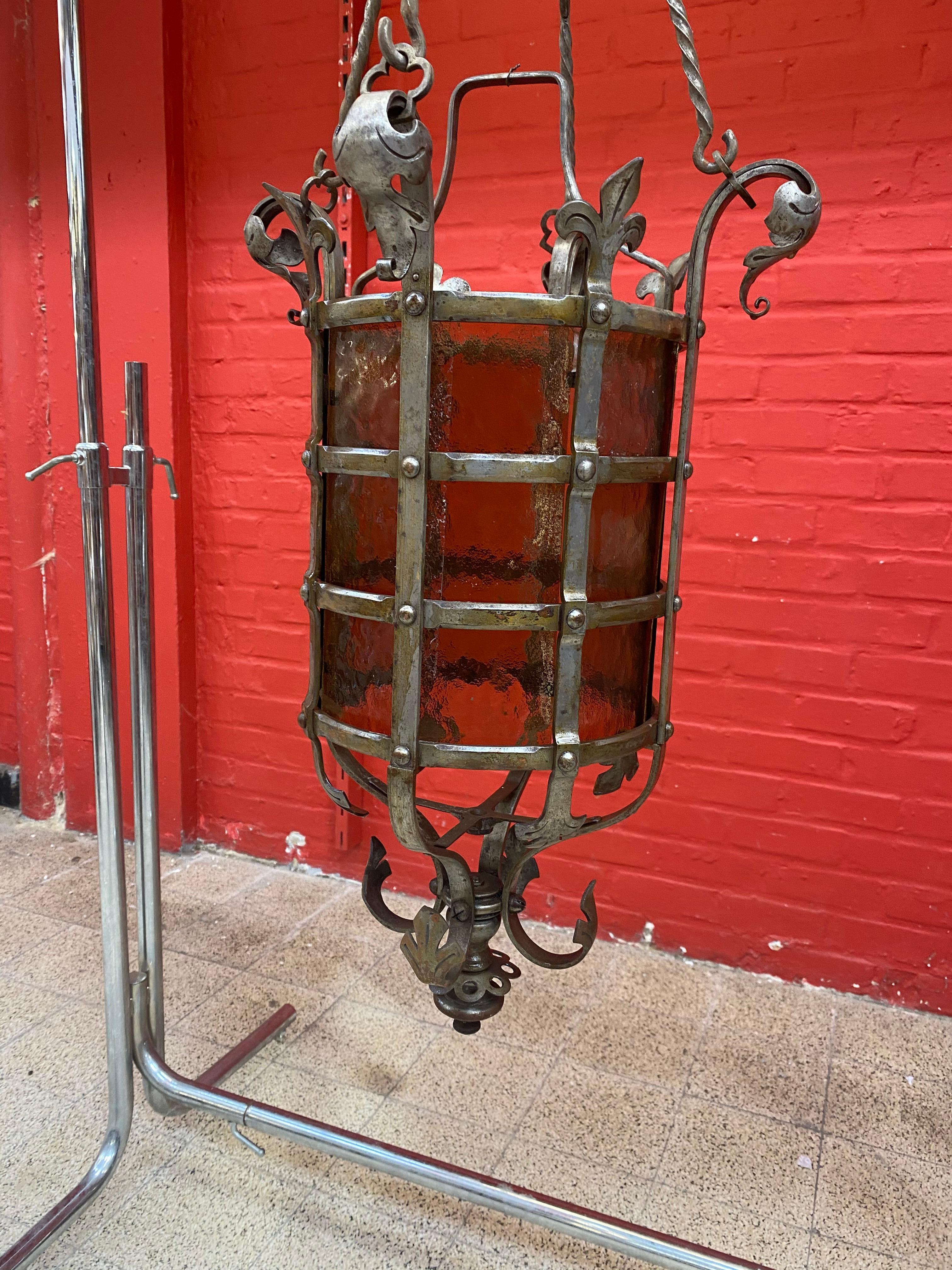 Louis XVI Exceptional Wrought Iron Castle Lantern circa 1930 Very Nice Work of Ironwork For Sale