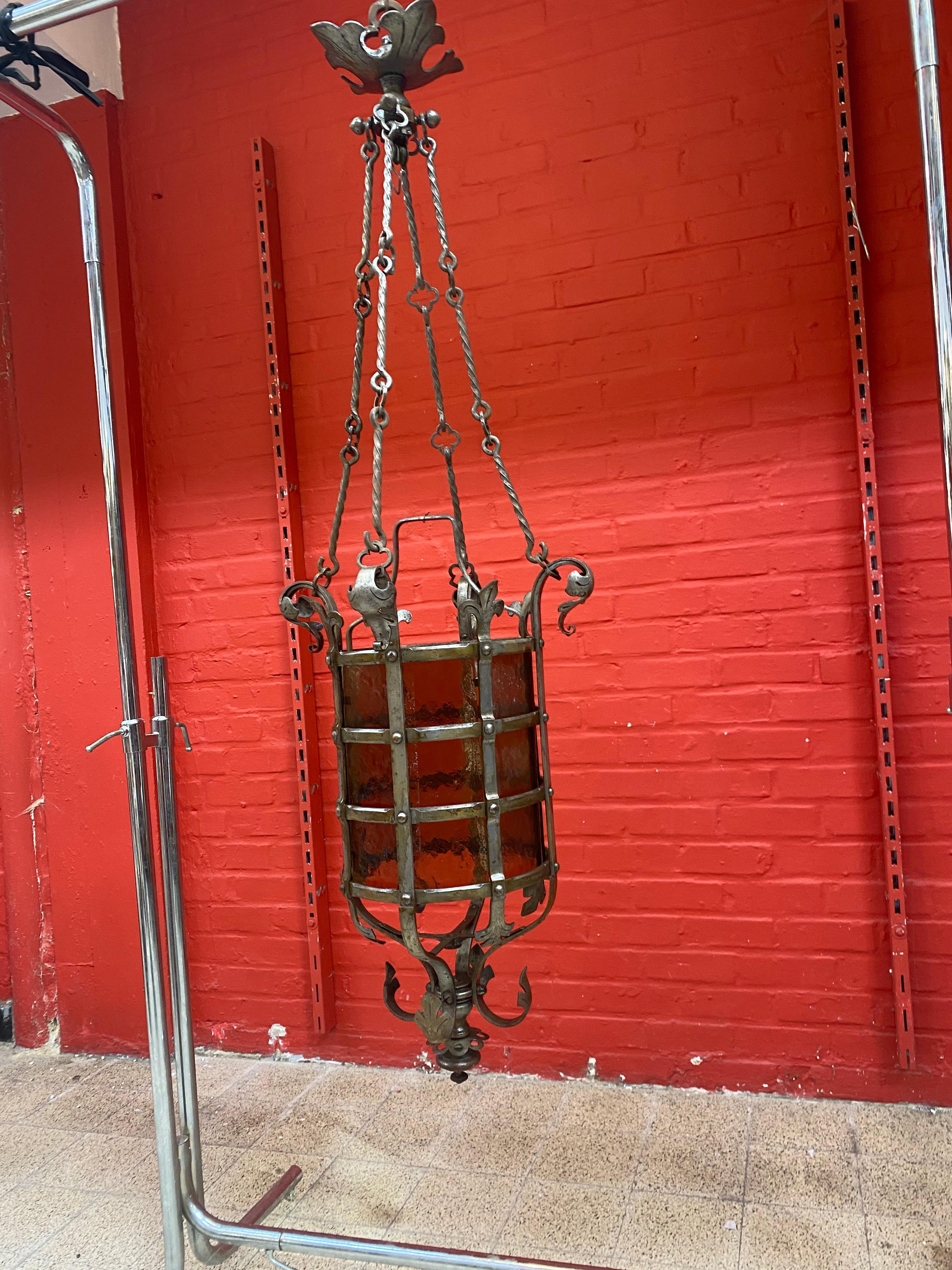 Exceptional Wrought Iron Castle Lantern circa 1930 Very Nice Work of Ironwork For Sale 3