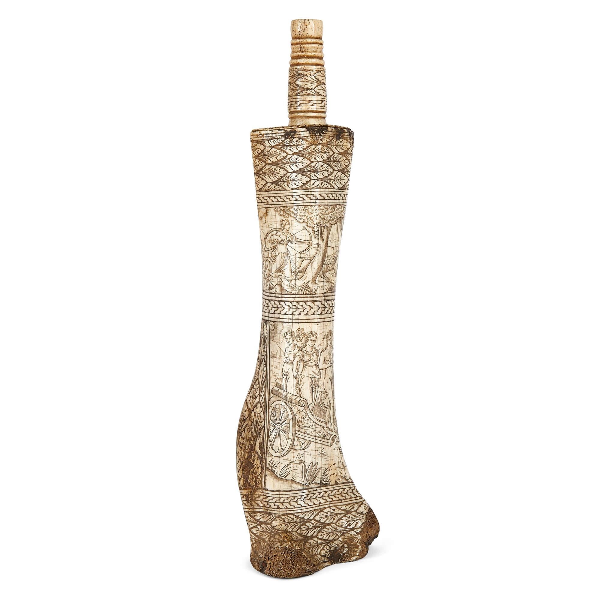 Neoclassical Exceptionally Detailed 19th Century Carved Bone Gunpowder Flask For Sale