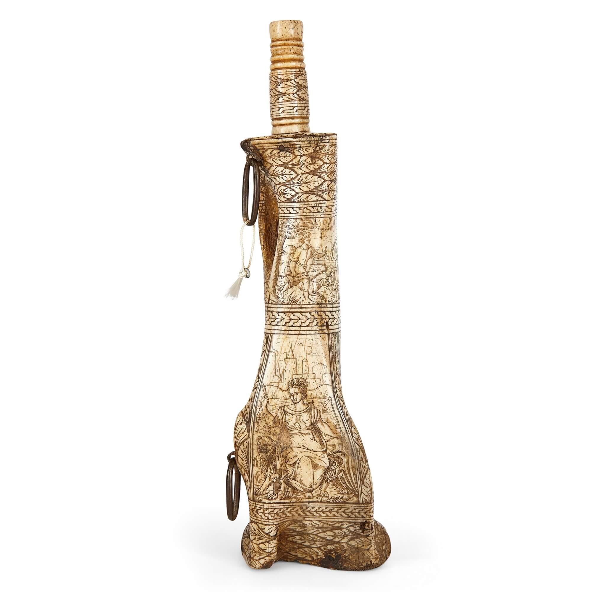 Italian Exceptionally Detailed 19th Century Carved Bone Gunpowder Flask For Sale