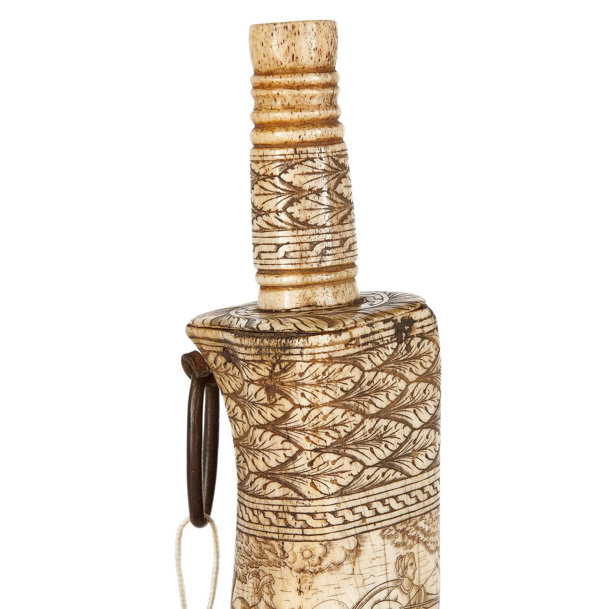 Hand-Carved Exceptionally Detailed 19th Century Carved Bone Gunpowder Flask For Sale
