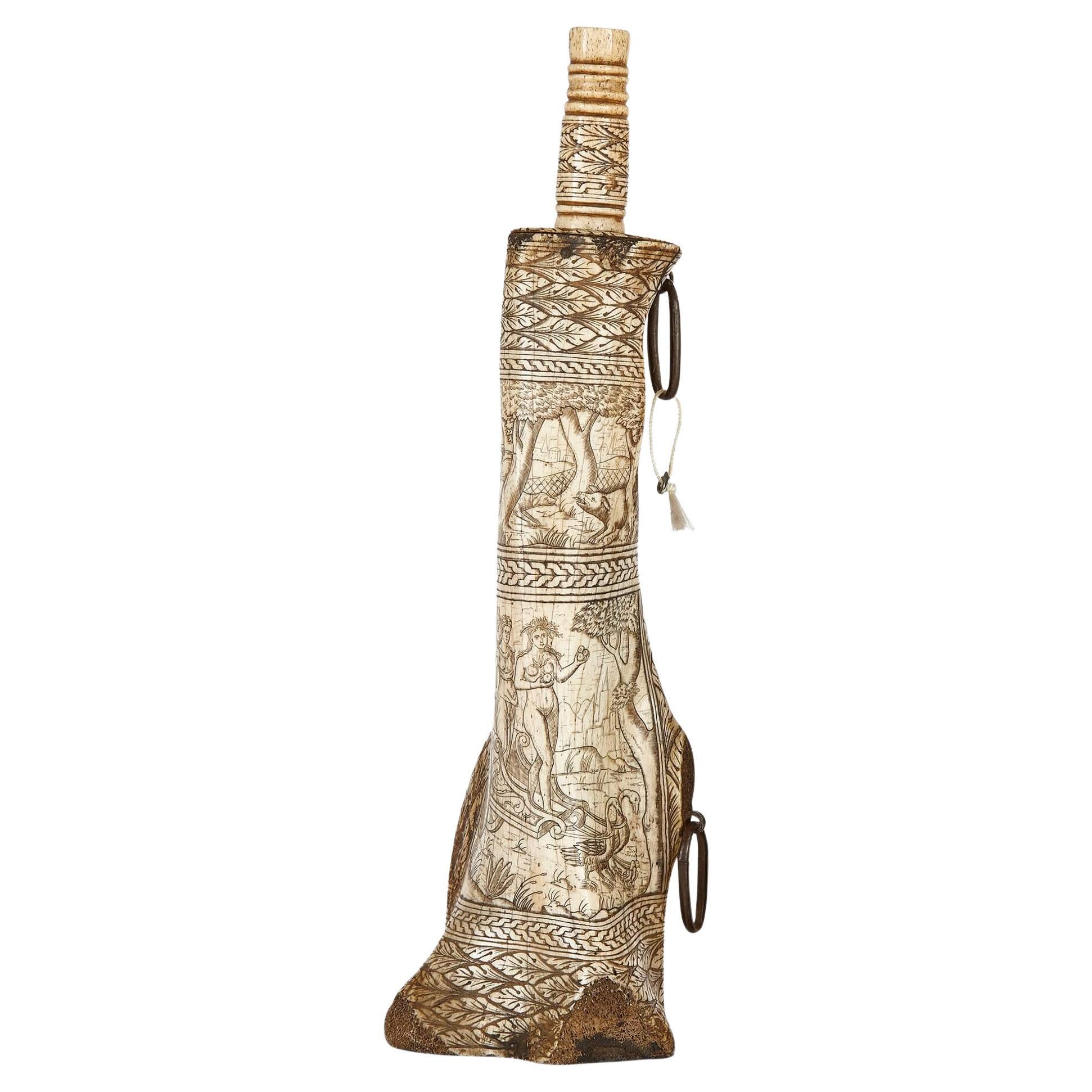 Exceptionally Detailed 19th Century Carved Bone Gunpowder Flask For Sale