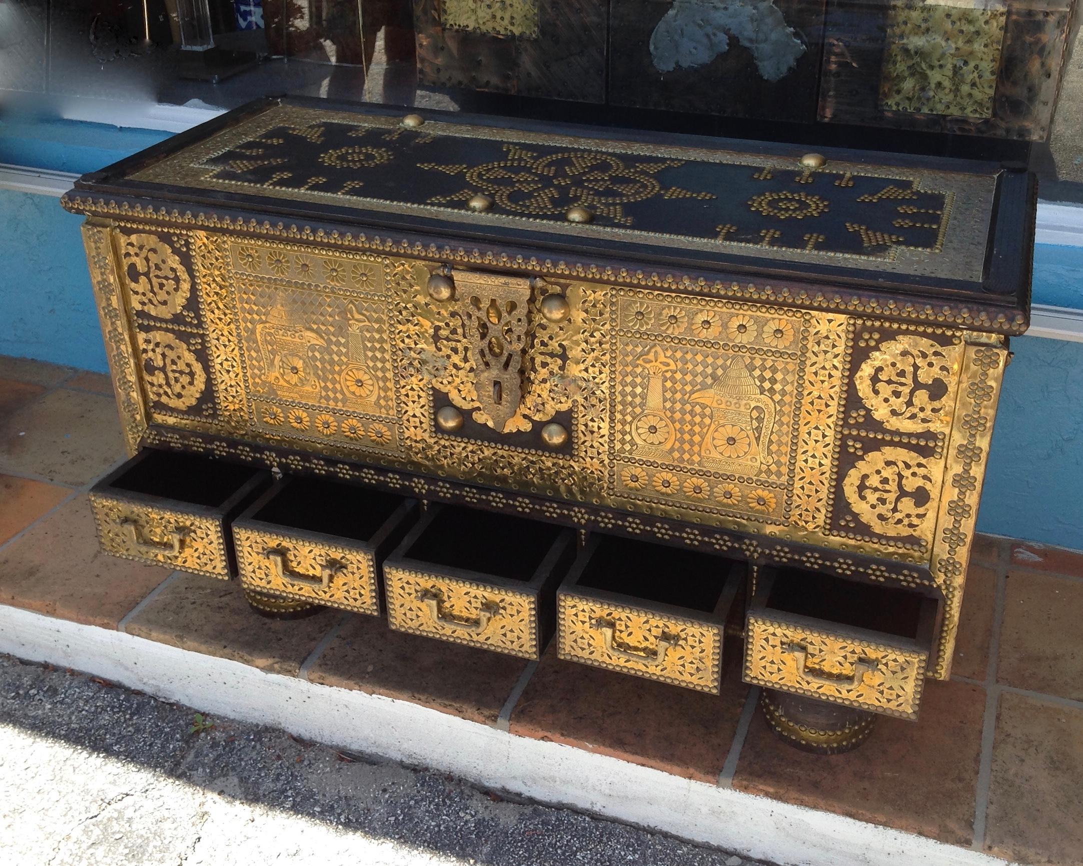 Exceptionally Elaborate Brass Appointed Moroccan Trunk 5