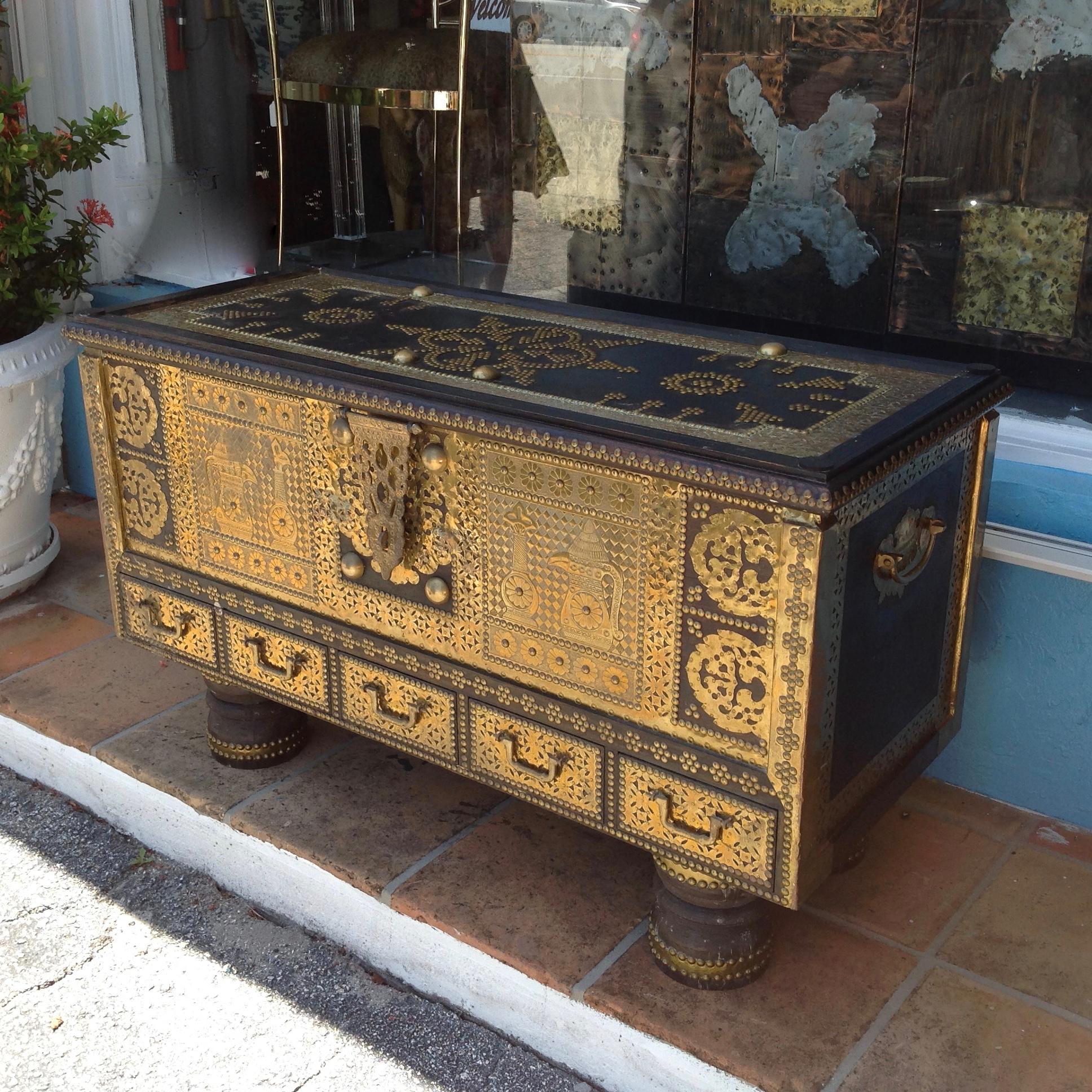 Moorish Exceptionally Elaborate Brass Appointed Moroccan Trunk
