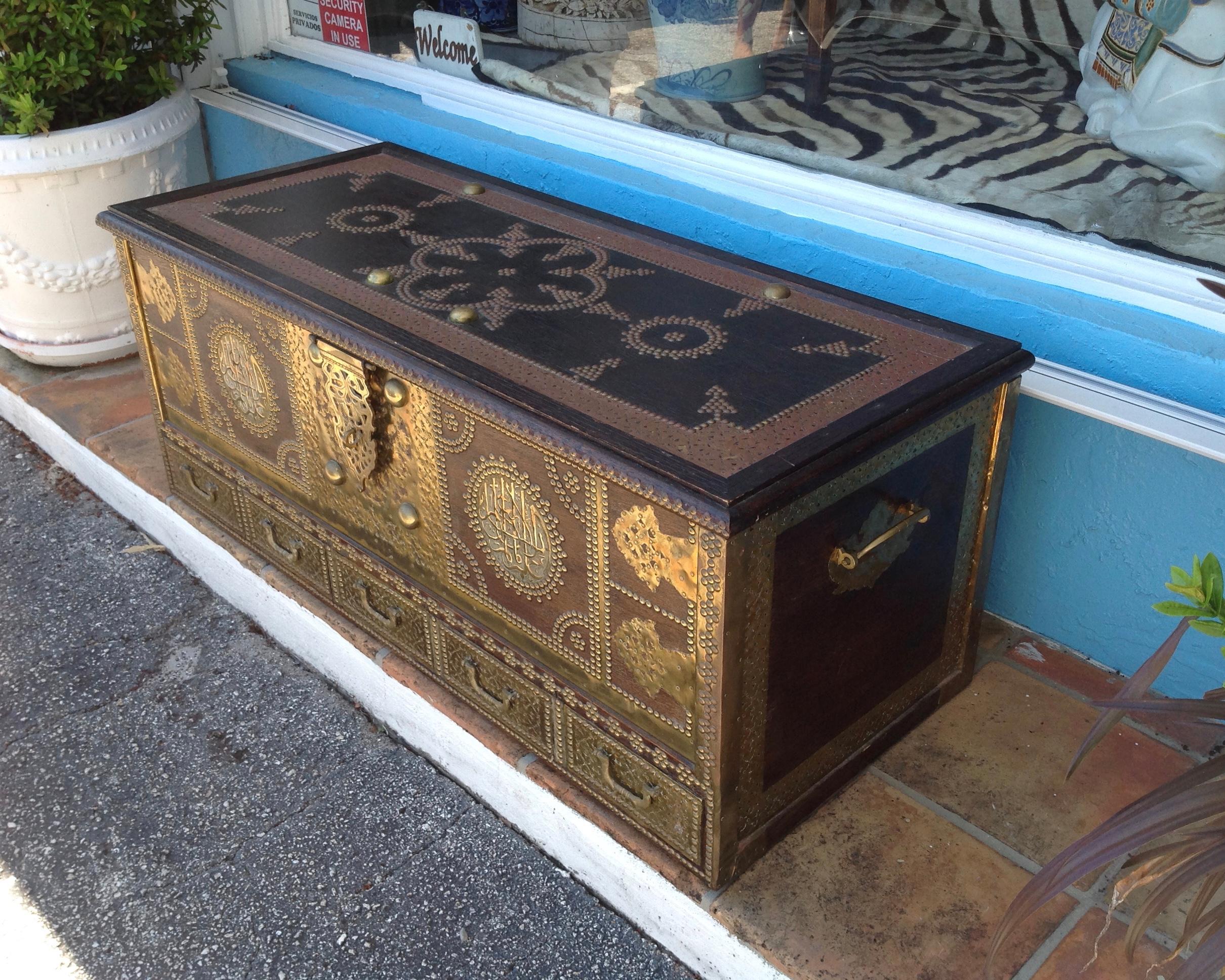 Exceptionally Elaborate Brass Appointed Moroccan Trunk In Good Condition In West Palm Beach, FL