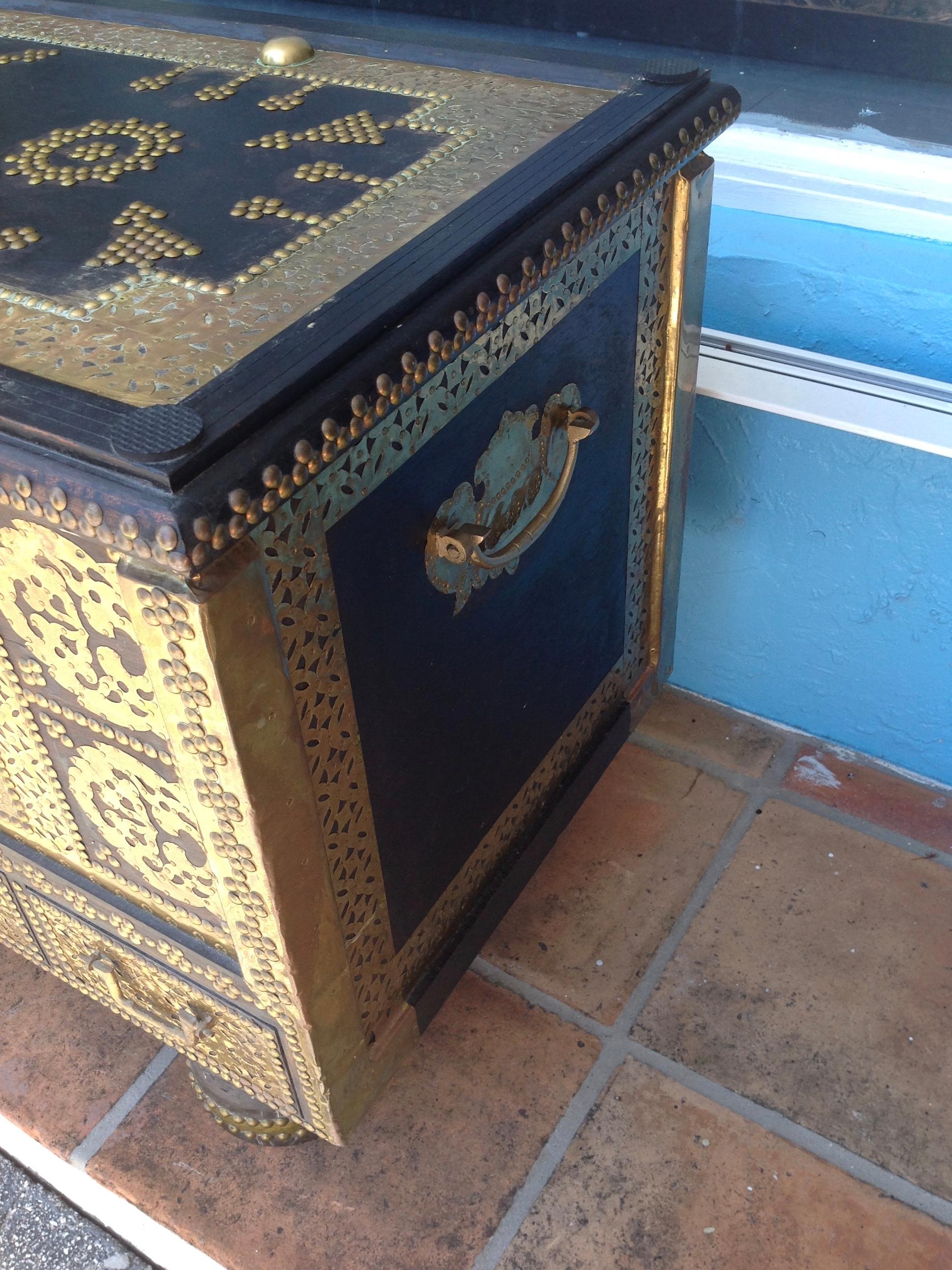 20th Century Exceptionally Elaborate Brass Appointed Moroccan Trunk