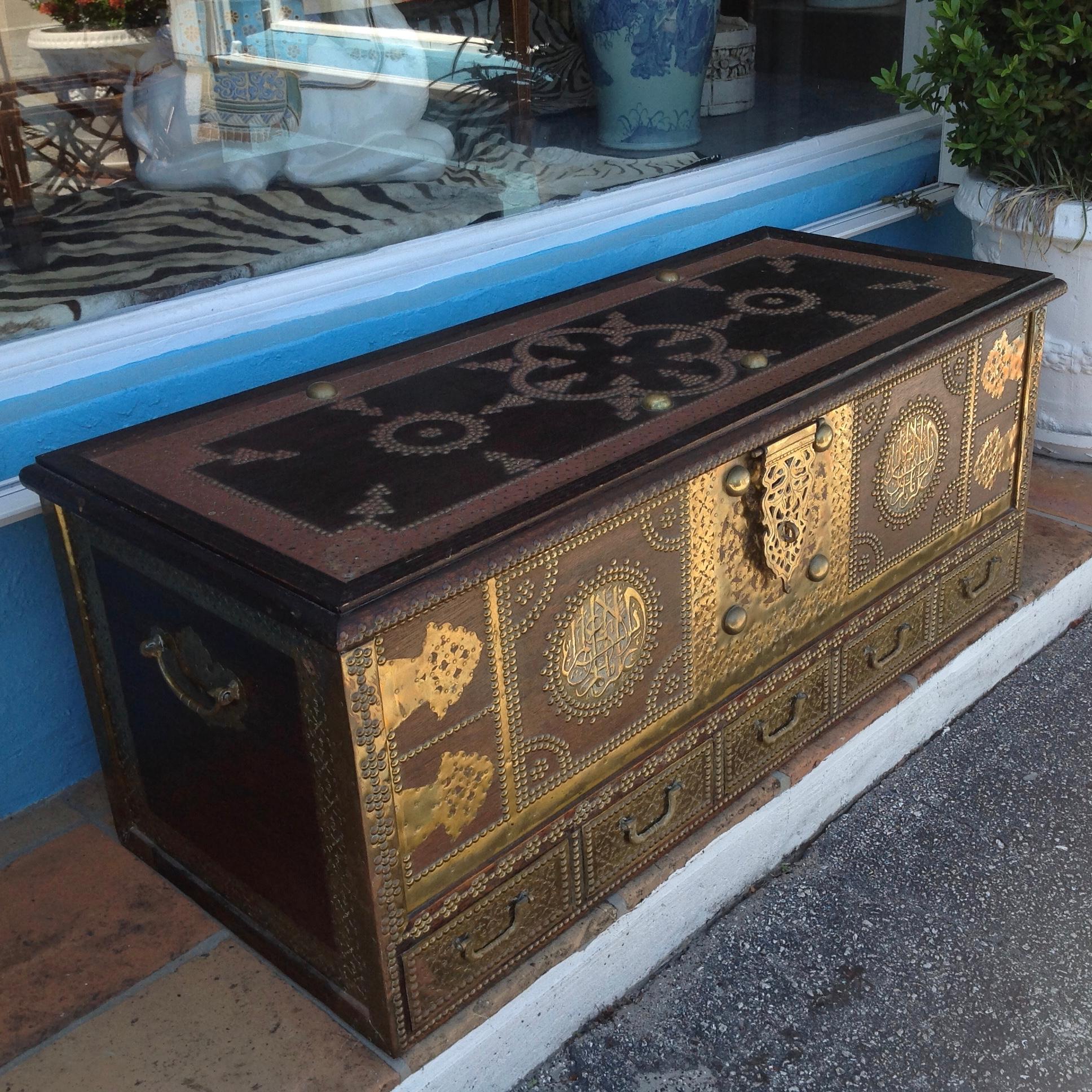 Late 20th Century Exceptionally Elaborate Brass Appointed Moroccan Trunk