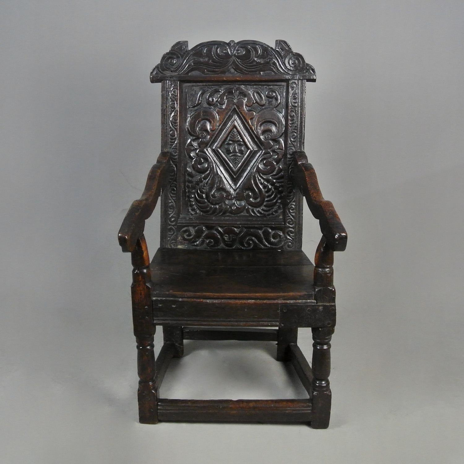 Exceptionally Fine And Rare James I Oak Wainscot Chair Dated 1609 In Good Condition For Sale In Heathfield, GB