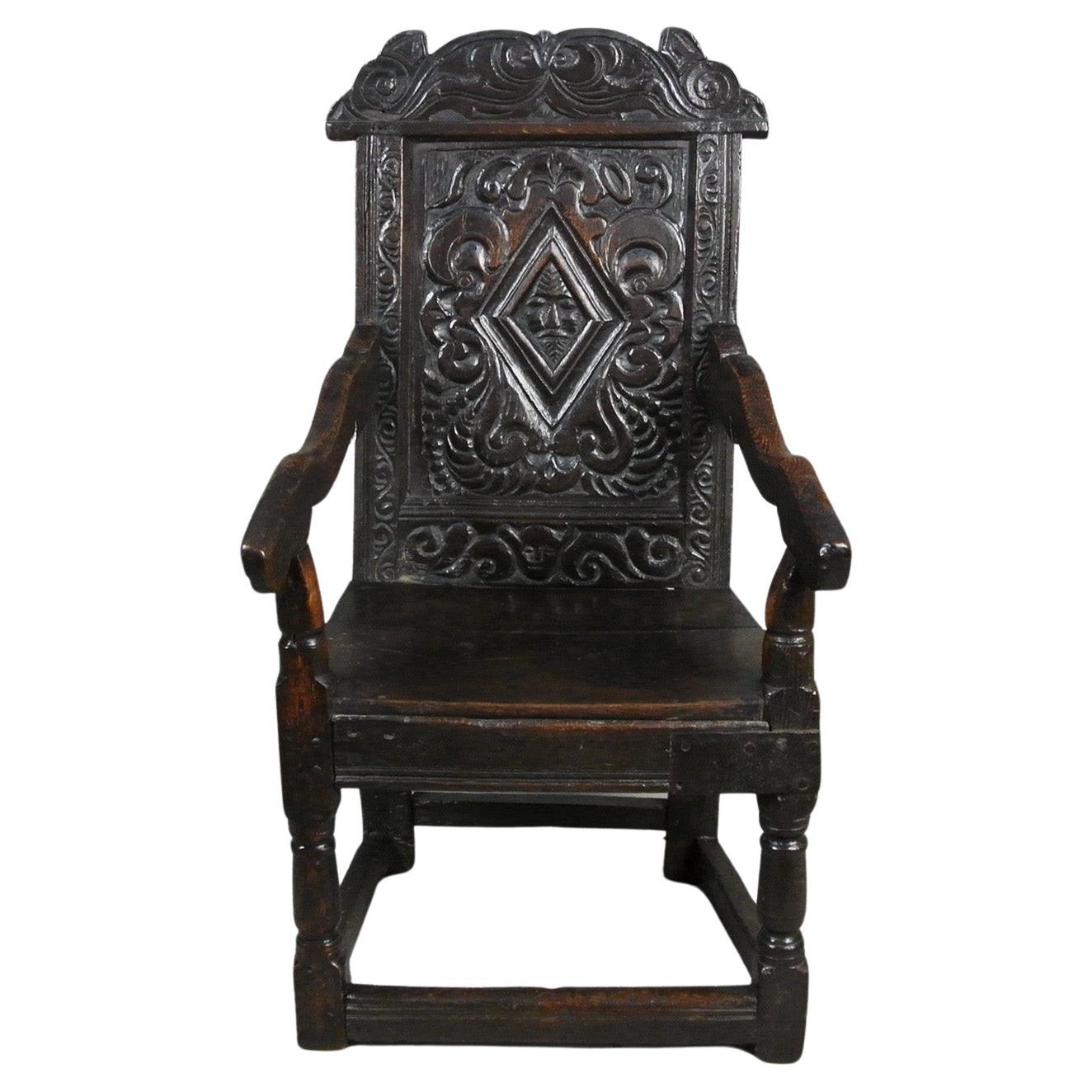 Chaise Wainscot de James I en chêne d'une qualité exceptionnelle et rare, datée de 1609 en vente