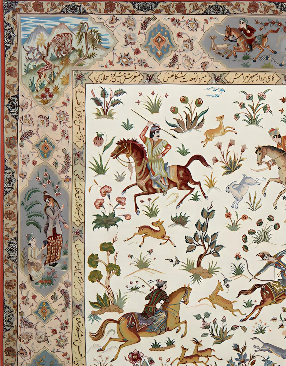 Classical Roman Exceptionally Fine Persian Tabriz Hunting Scene Ivory Rug For Sale
