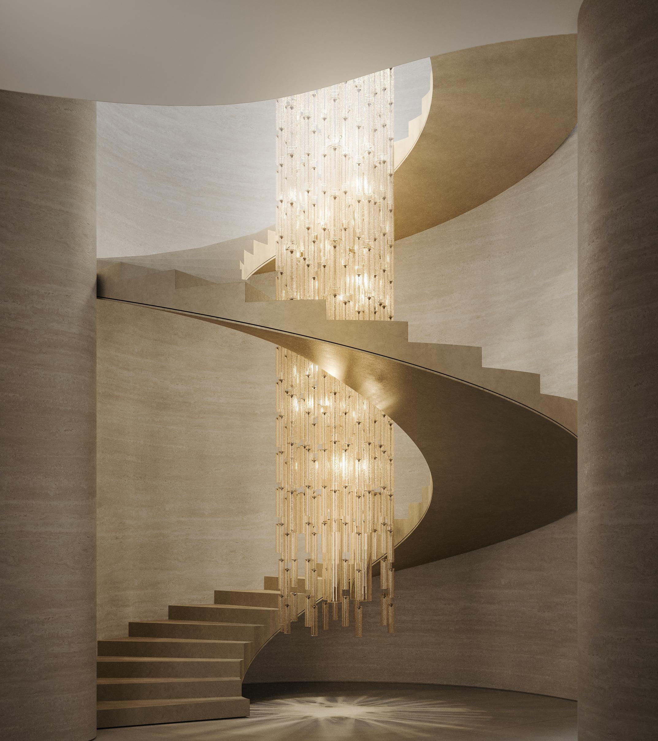 Modular construction made of cylindrical cullet elements. The set includes different sizes, which can be connected with a strong, load-bearing steel cable through the centre of the Murano glass cylinders and secured in any modular way and length.