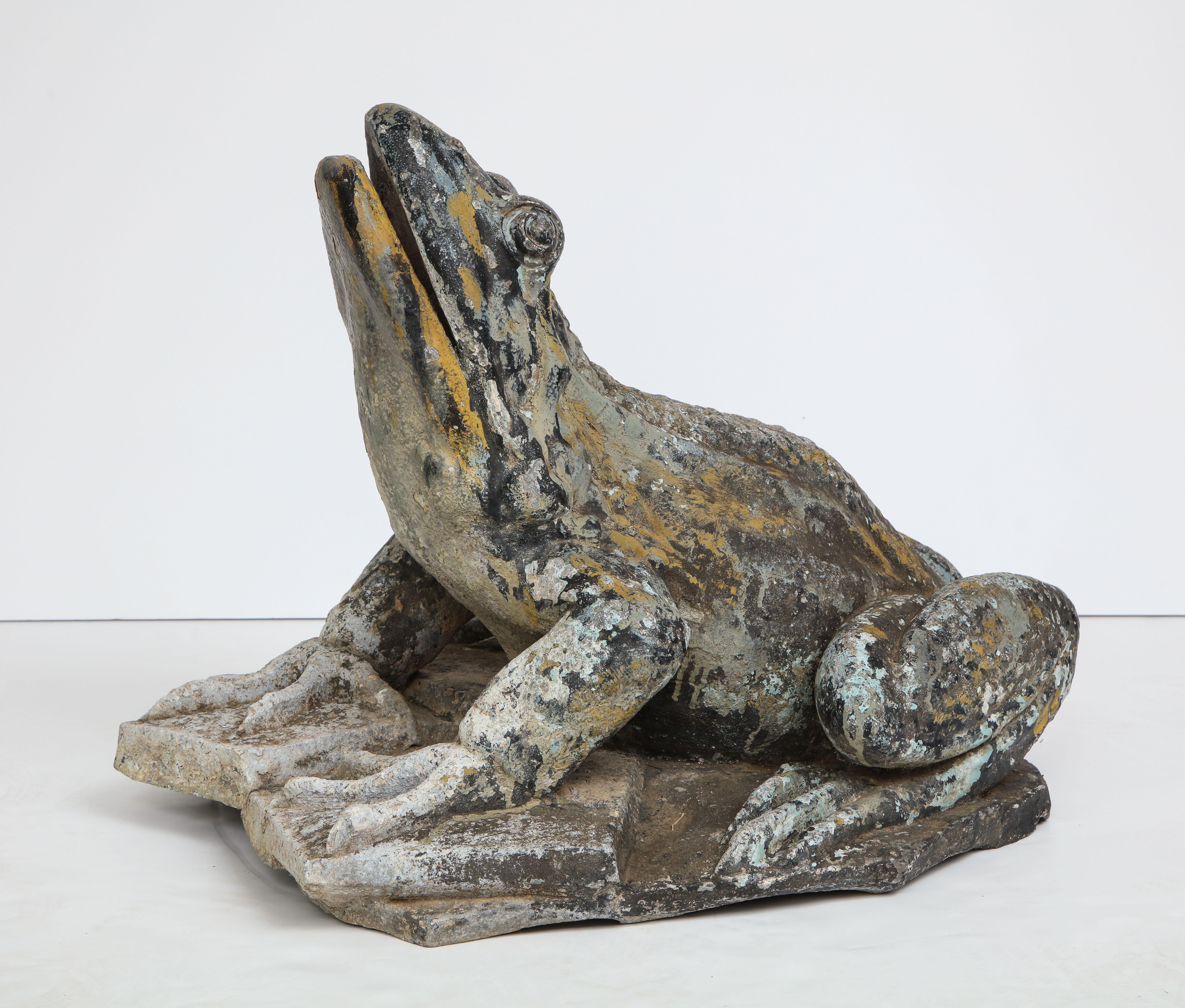 Exceptionally large French zinc frog fountain with original painted patina.