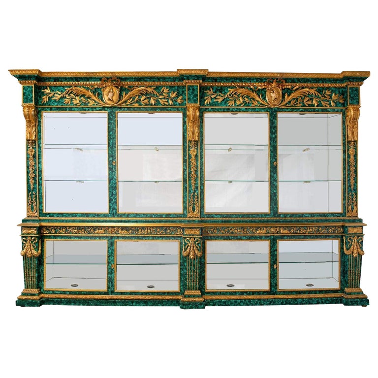 Exceptionally Large Gilt Bronze and Malachite Vitrine Cabinet For Sale