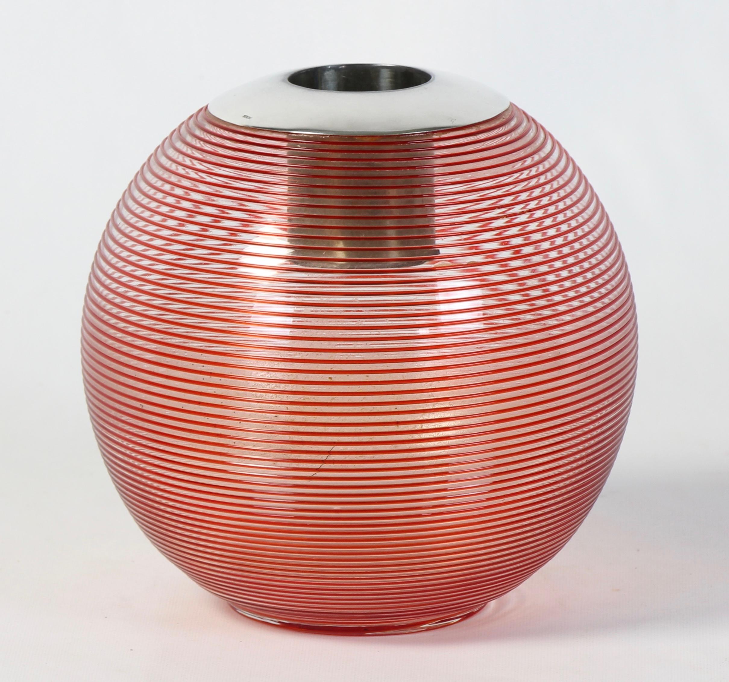 A mid-20th century English red-ribbed glass and sterling silver match striker of exceptionally large size.