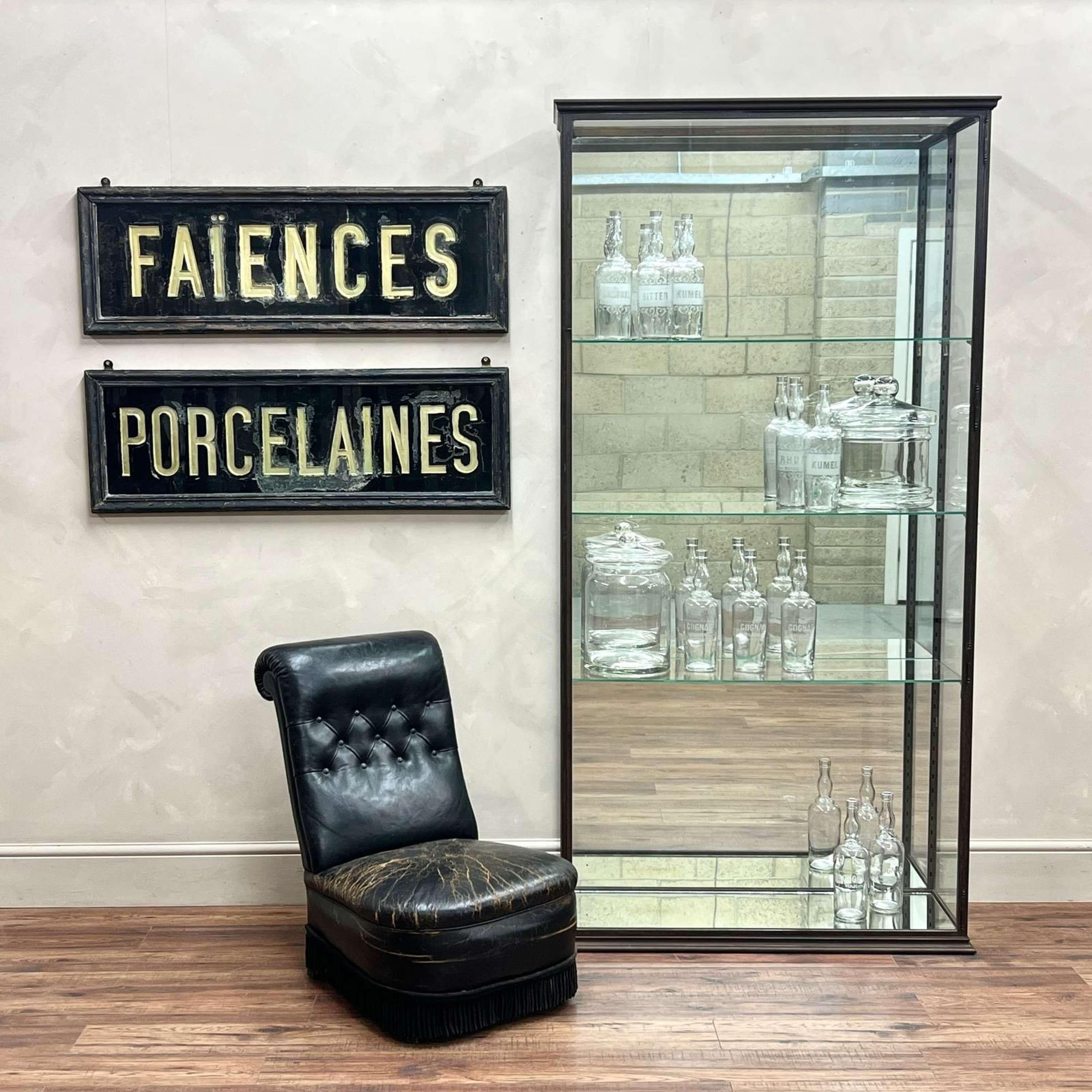 A wonderful example of a French glazed display case. Constructed from steel, this would have been used within a shop/chemist to display items for sale. Extremely heavy, original internal back mirror plate and mirrored floor.
Wooden panelled back and