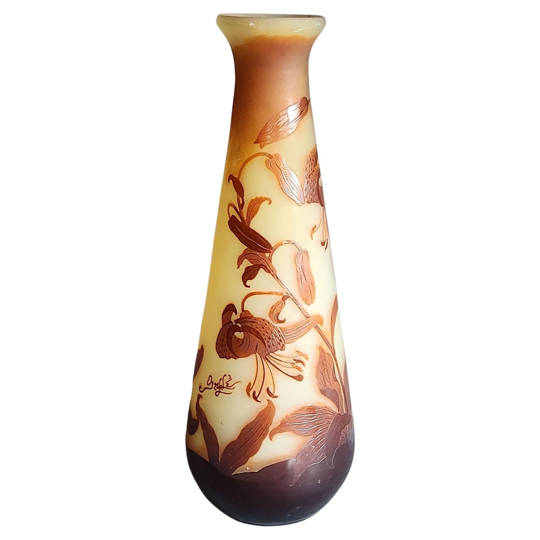 Impressionnant très grand vase en verre Émile Gallé Cameo Vintage