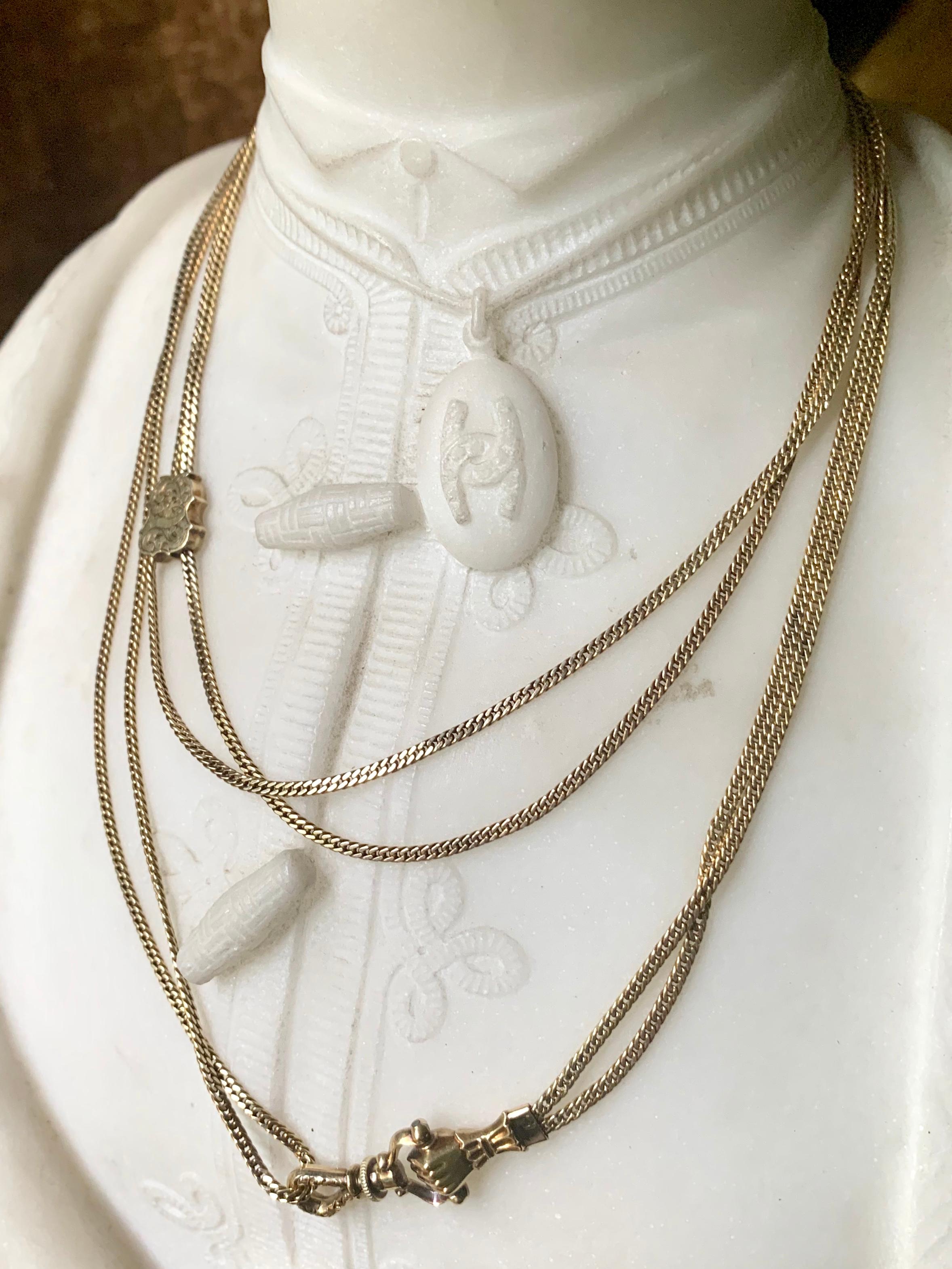 Exceptionally Long Antique 18K Gold Mano Sautoir Slide Chain Necklace Circa 1840 For Sale 7