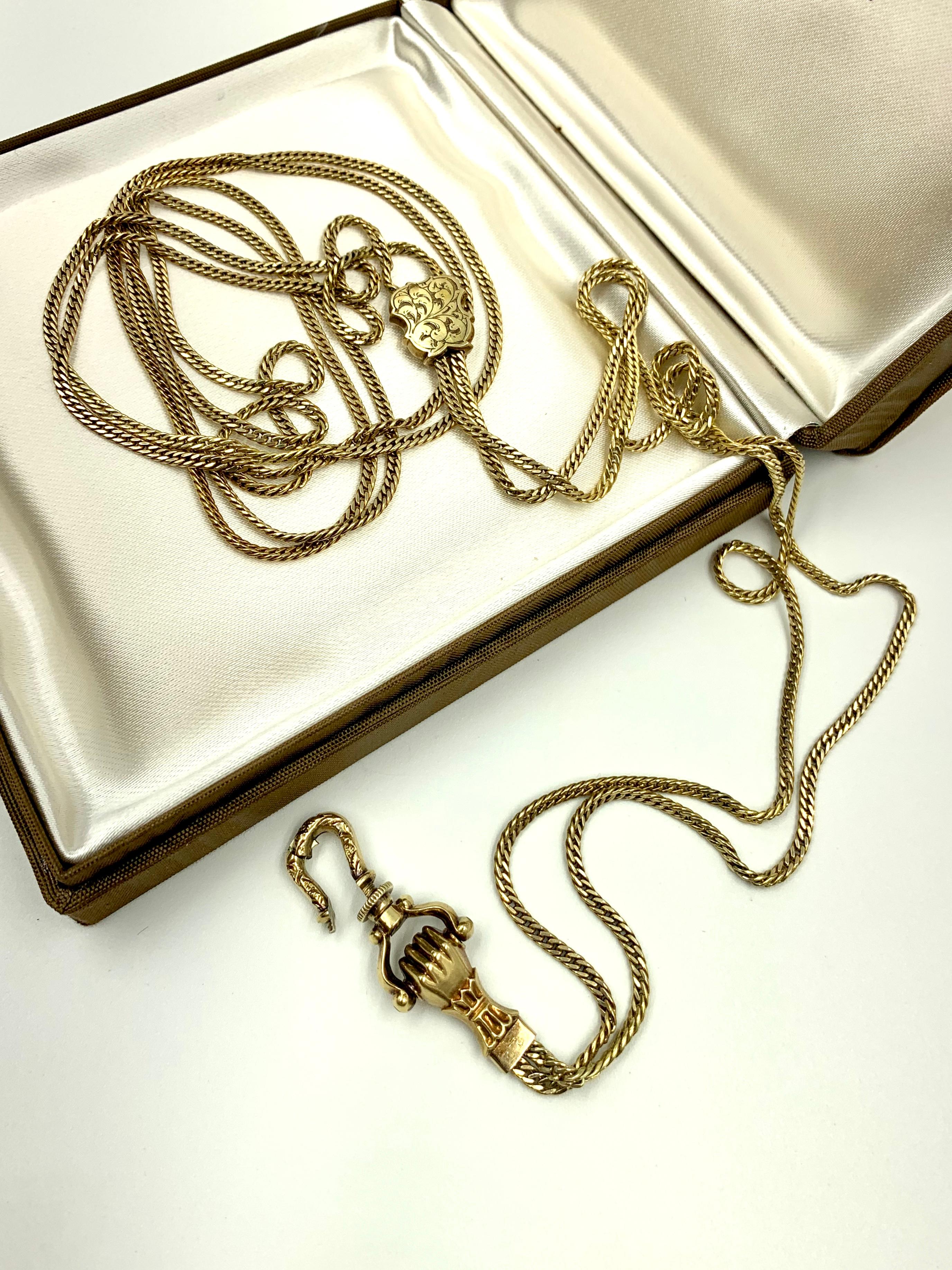 Exceptionally Long Antique 18K Gold Mano Sautoir Slide Chain Necklace Circa 1840 For Sale 8