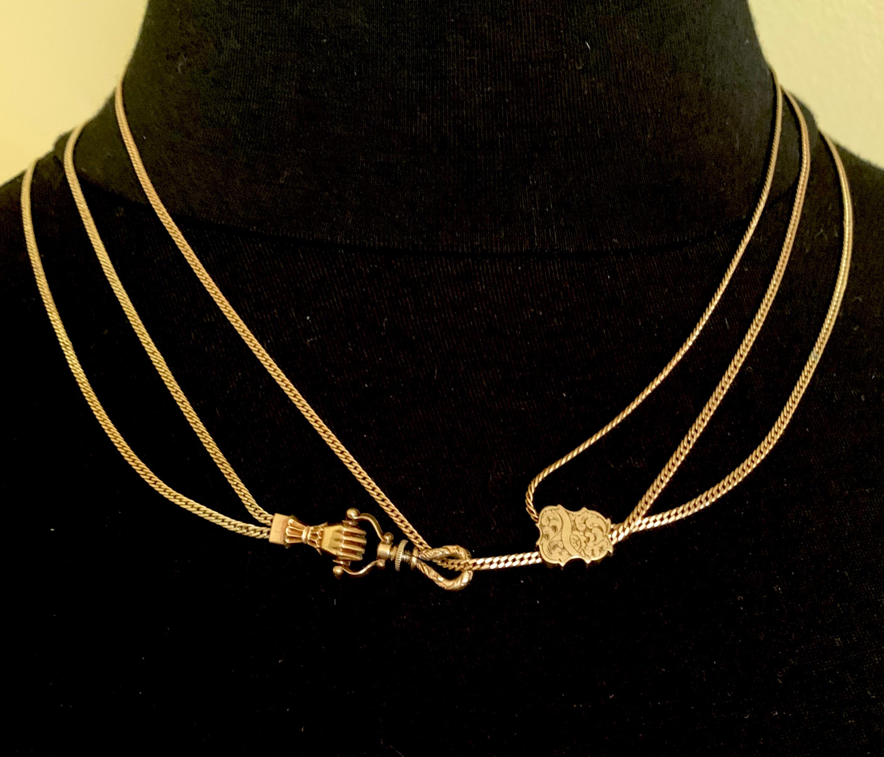 Victorian Exceptionally Long Antique 18K Gold Mano Sautoir Slide Chain Necklace Circa 1840 For Sale