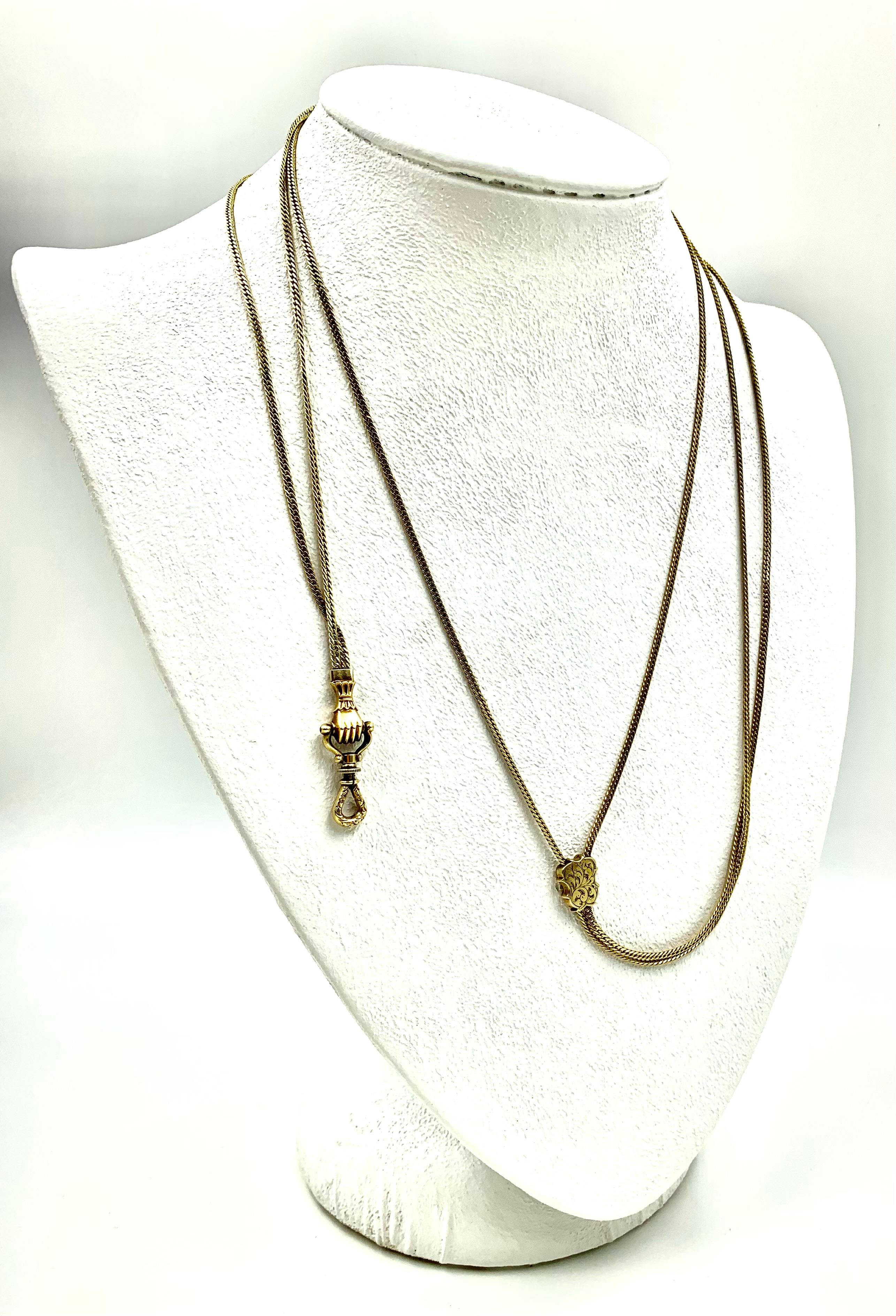 Women's or Men's Exceptionally Long Antique 18K Gold Mano Sautoir Slide Chain Necklace Circa 1840 For Sale