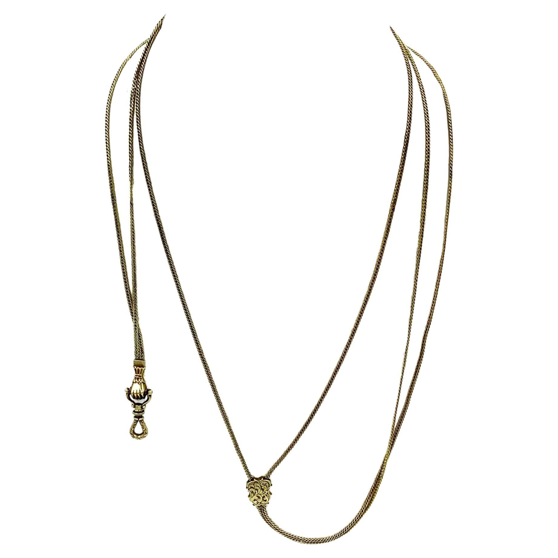 Exceptionally Long Antique 18K Gold Mano Sautoir Slide Chain Necklace Circa 1840 For Sale