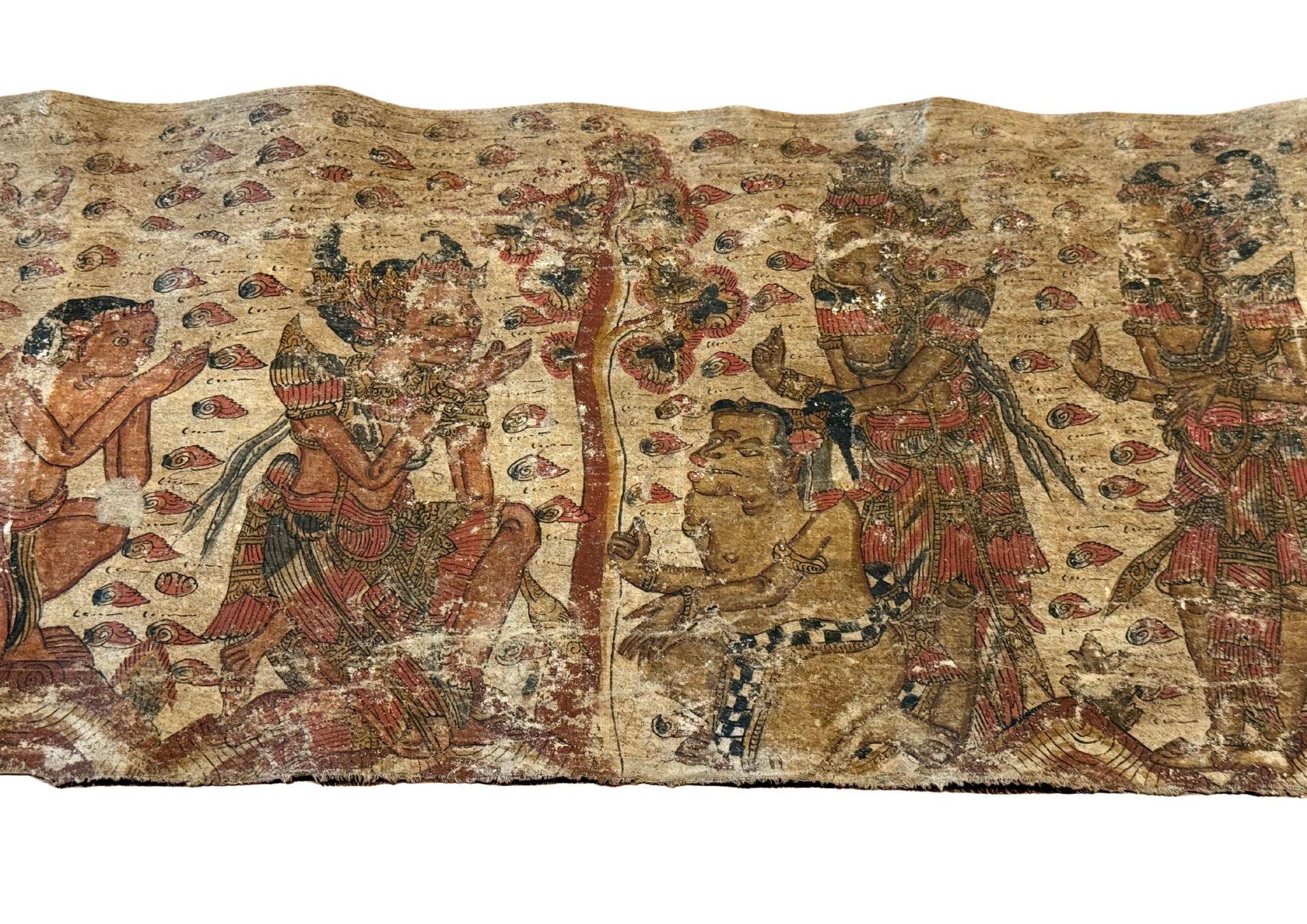 Early 20th Century Exceptionally Long Bali Hindu Textile 'Kamasan' Painting, Indonesia C. 1900 For Sale