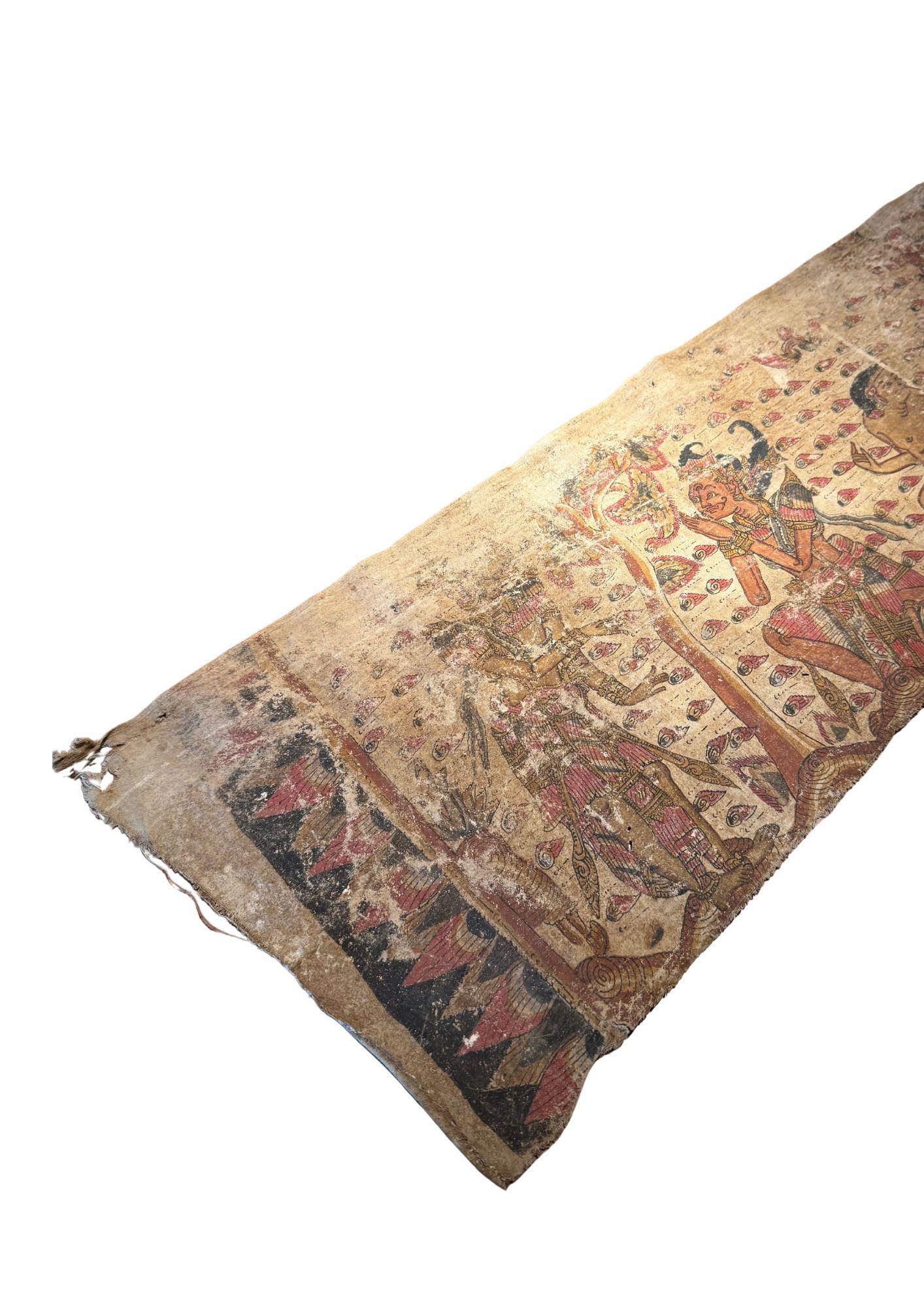 Cotton Exceptionally Long Bali Hindu Textile 'Kamasan' Painting, Indonesia C. 1900 For Sale