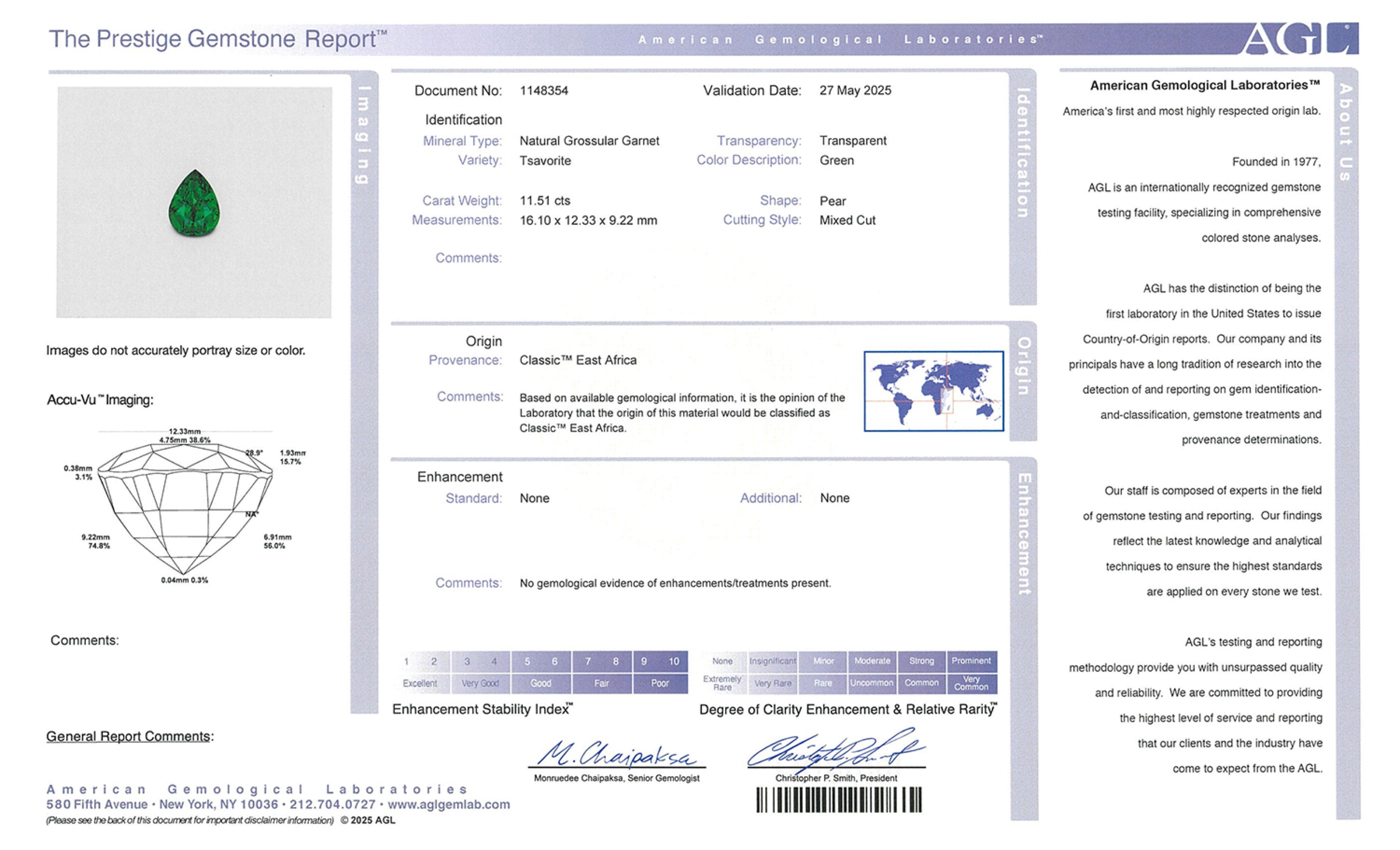 Exceptionally Rare 11.51 Carat Vivid Green Tsavorite Garnet, AGL “Classic” For Sale 1