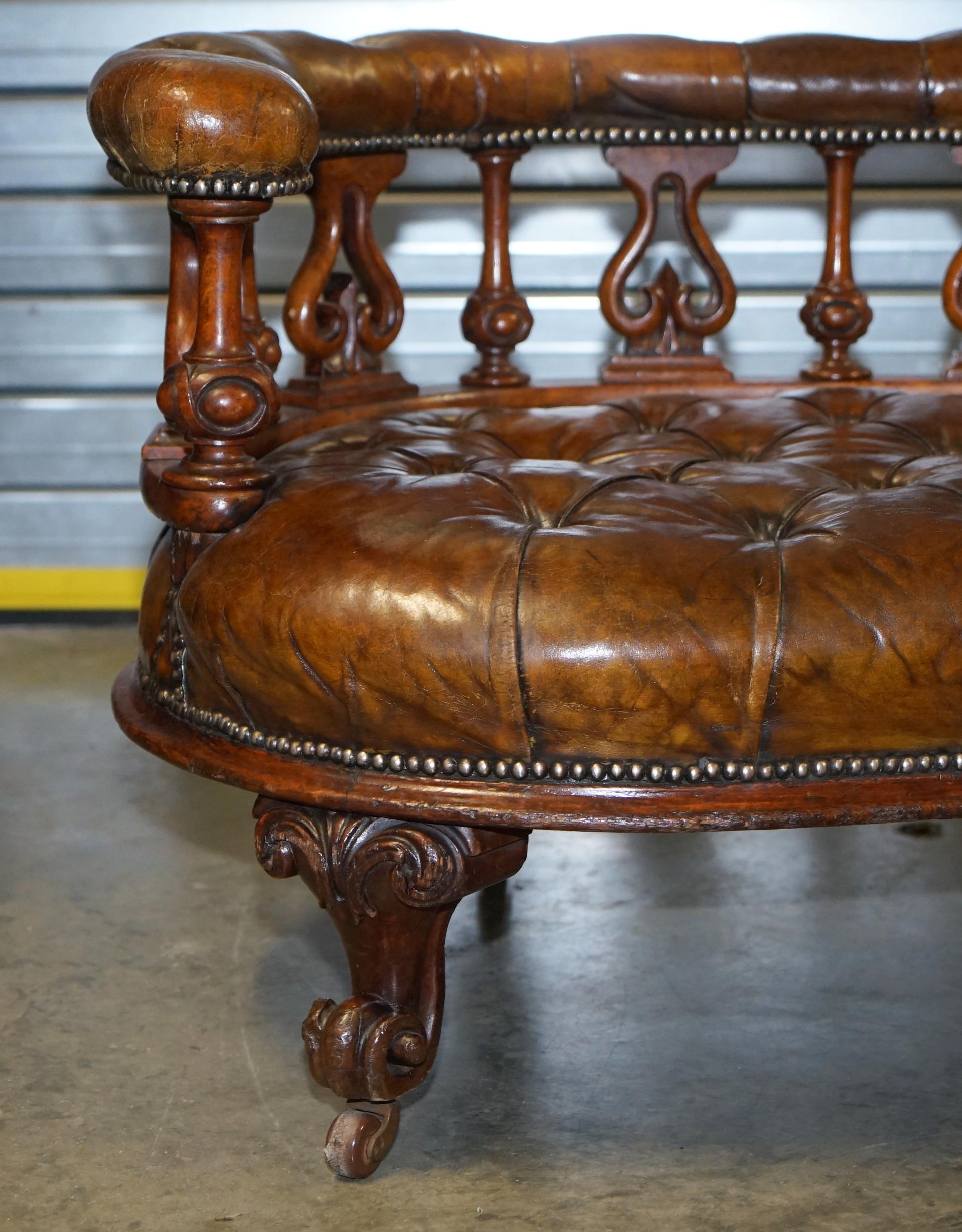 Exceptionally Rare 1840s Fully Restored Chesterfield Brown Leather Sofa Bench 2