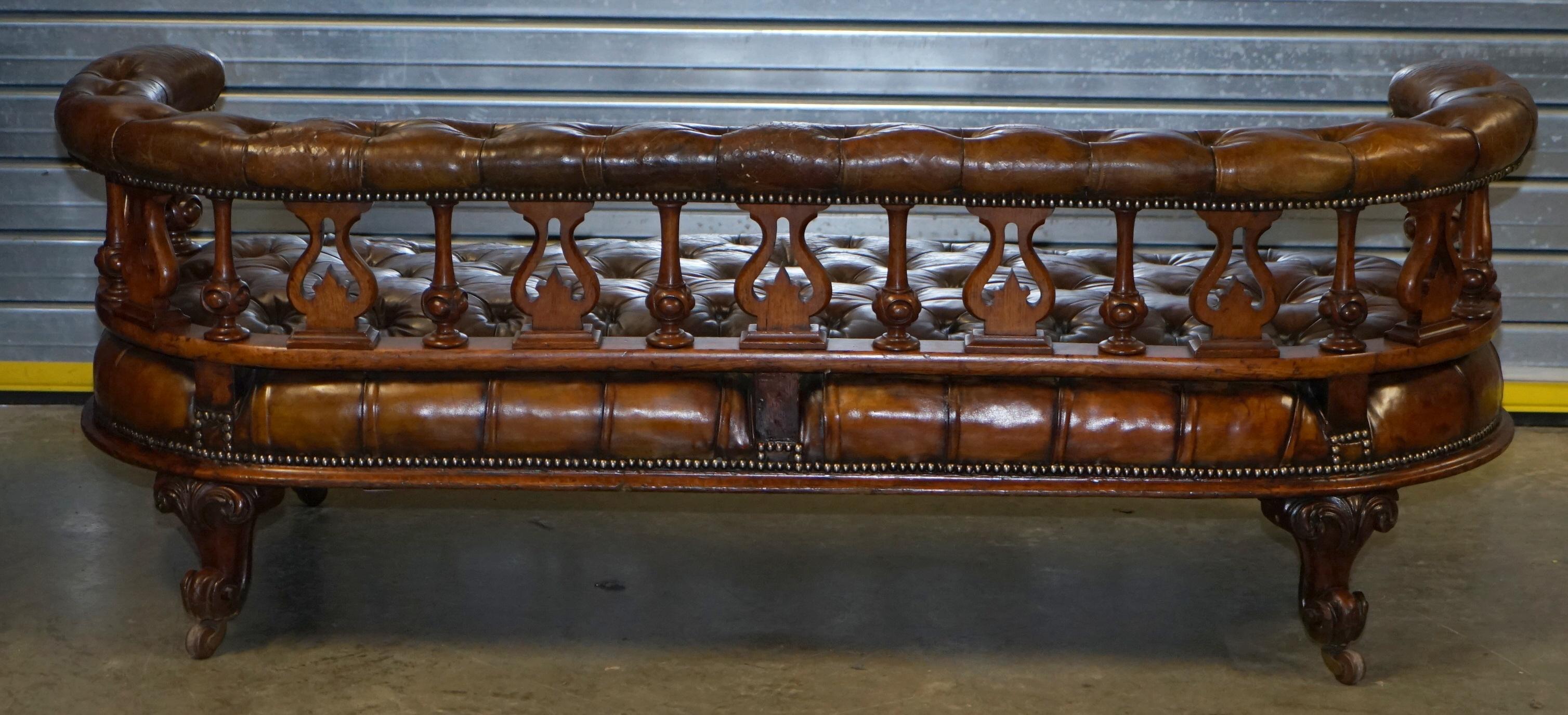 Exceptionally Rare 1840s Fully Restored Chesterfield Brown Leather Sofa Bench 7
