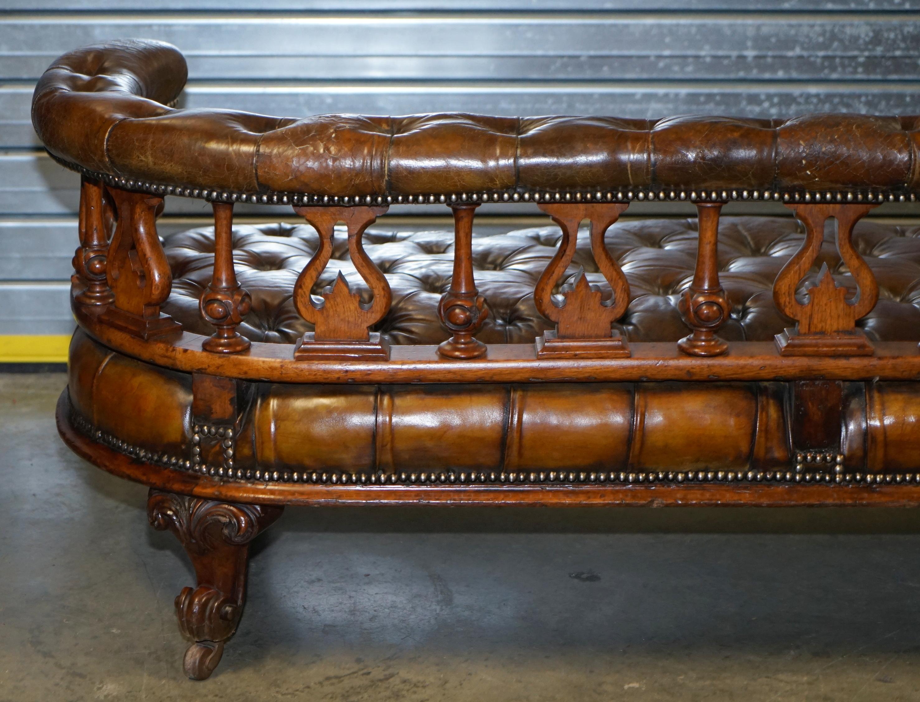 Exceptionally Rare 1840s Fully Restored Chesterfield Brown Leather Sofa Bench 8