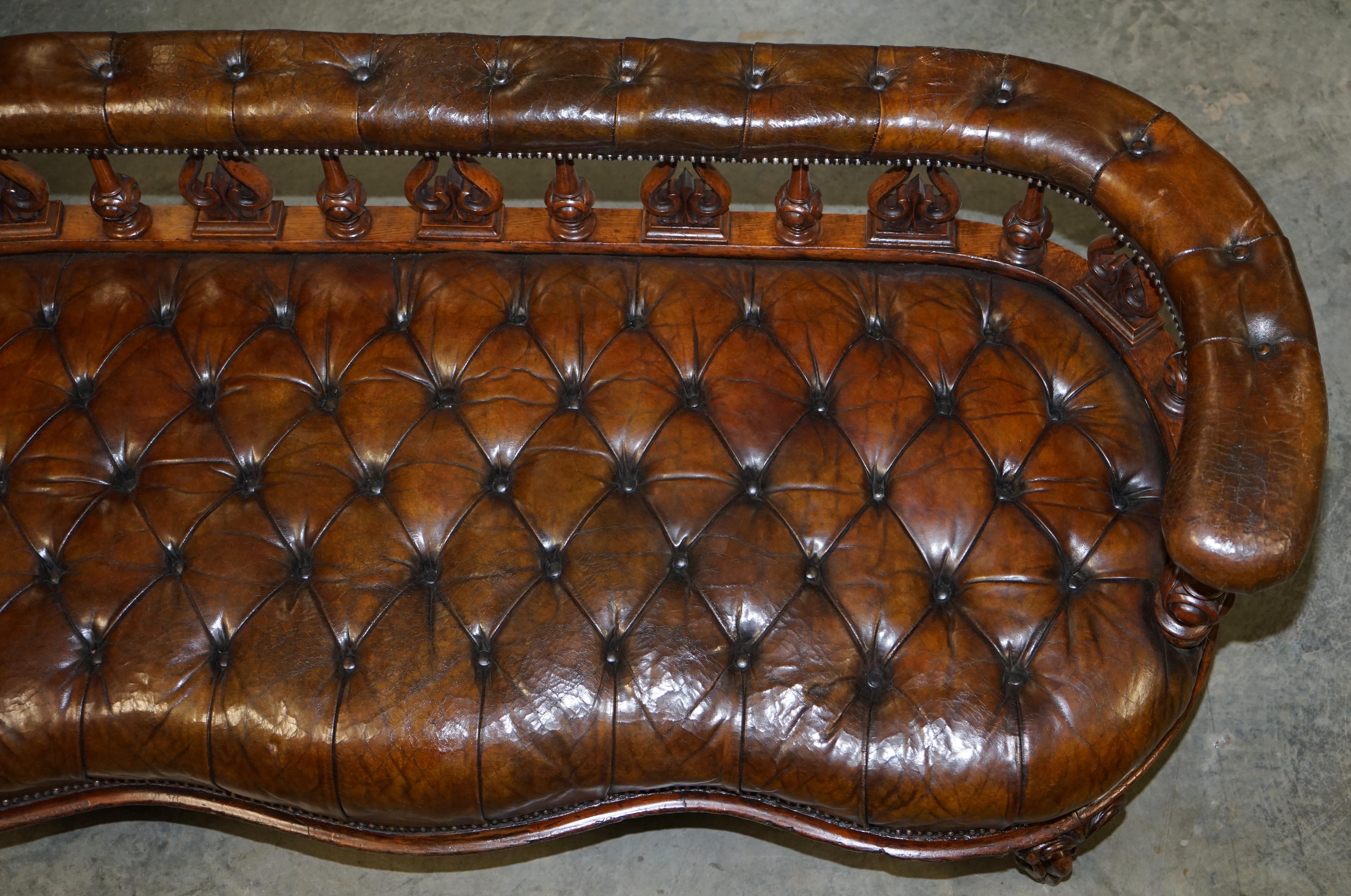 Early Victorian Exceptionally Rare 1840s Fully Restored Chesterfield Brown Leather Sofa Bench