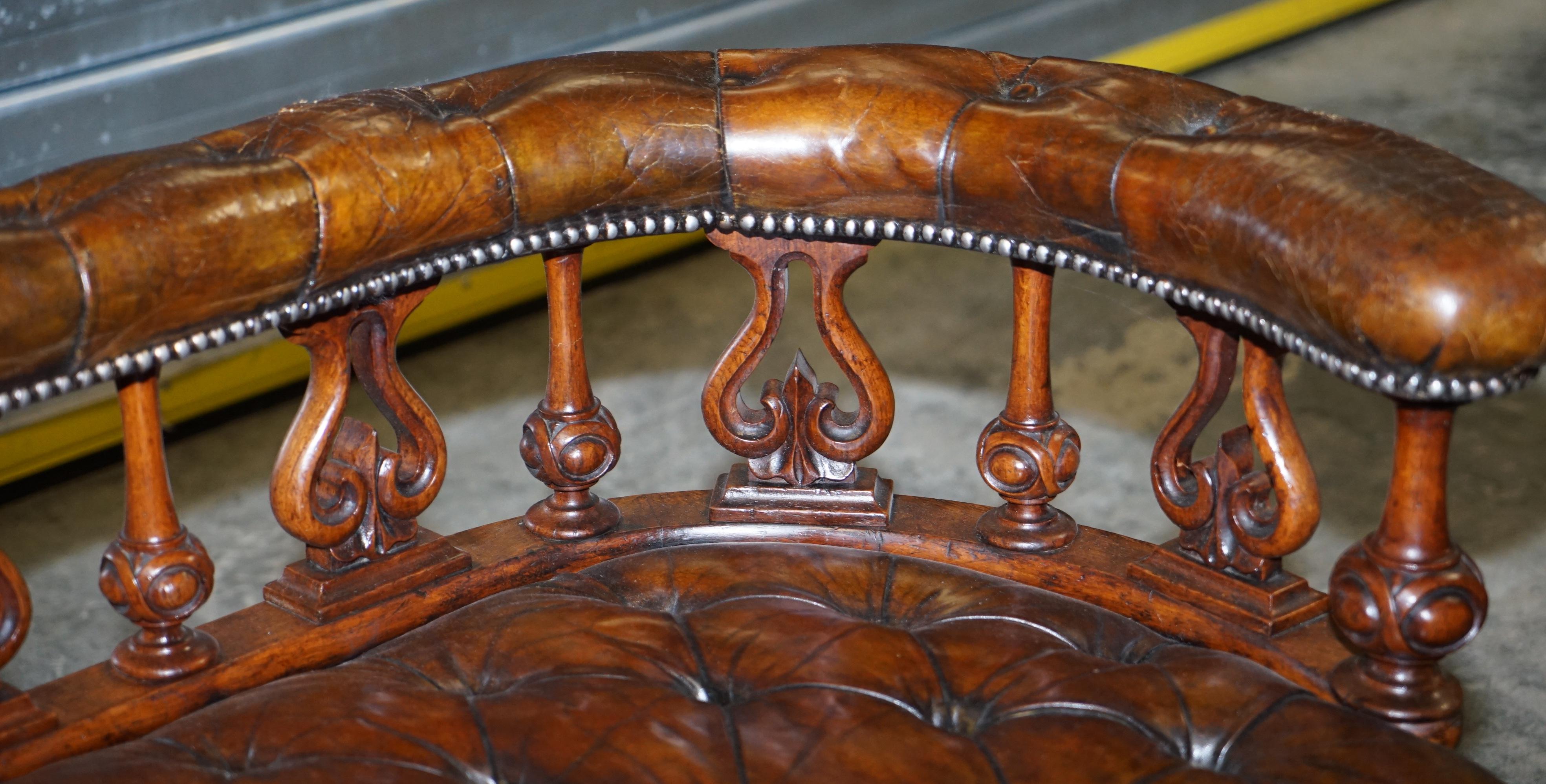 Hand-Crafted Exceptionally Rare 1840s Fully Restored Chesterfield Brown Leather Sofa Bench